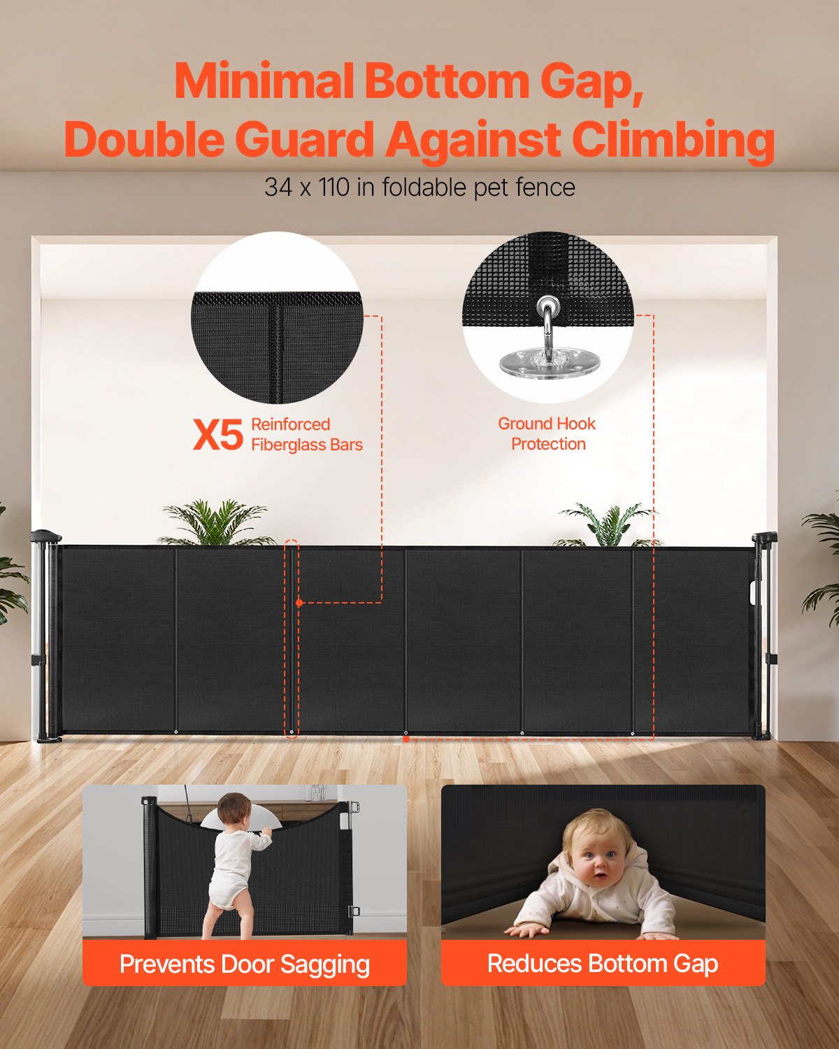 Puerta Retráctil para Niños o Mascotas, 86 cm de Alto, Se Extiende Hasta 279 cm de Ancho, Puerta Retráctil Fácil de Instalar para Escaleras, Pasillos, Dormitorios, Materiales de Red, Color Negro — imagen 3
