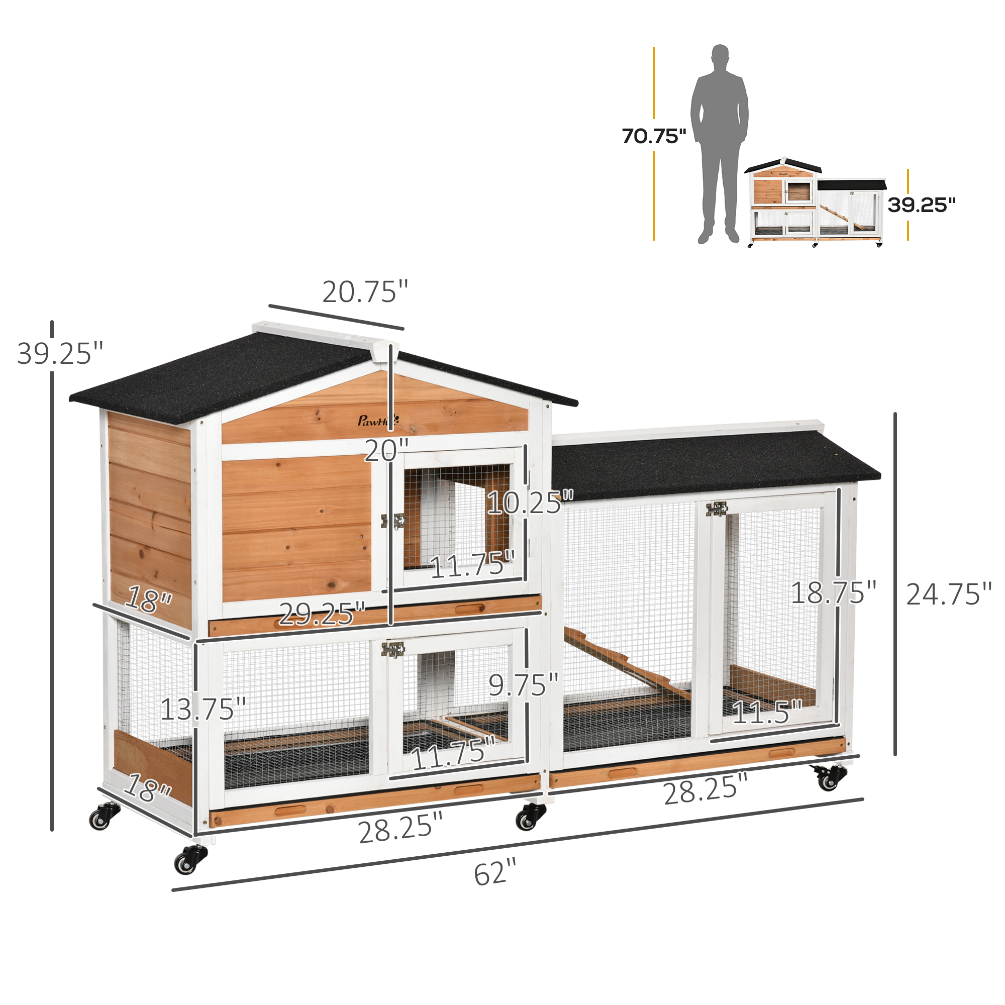 62" Wooden Mobile Rabbit Hutch with Wheels, Run Box, Slide-out Tray, Ramp, Yellow — imagen 2