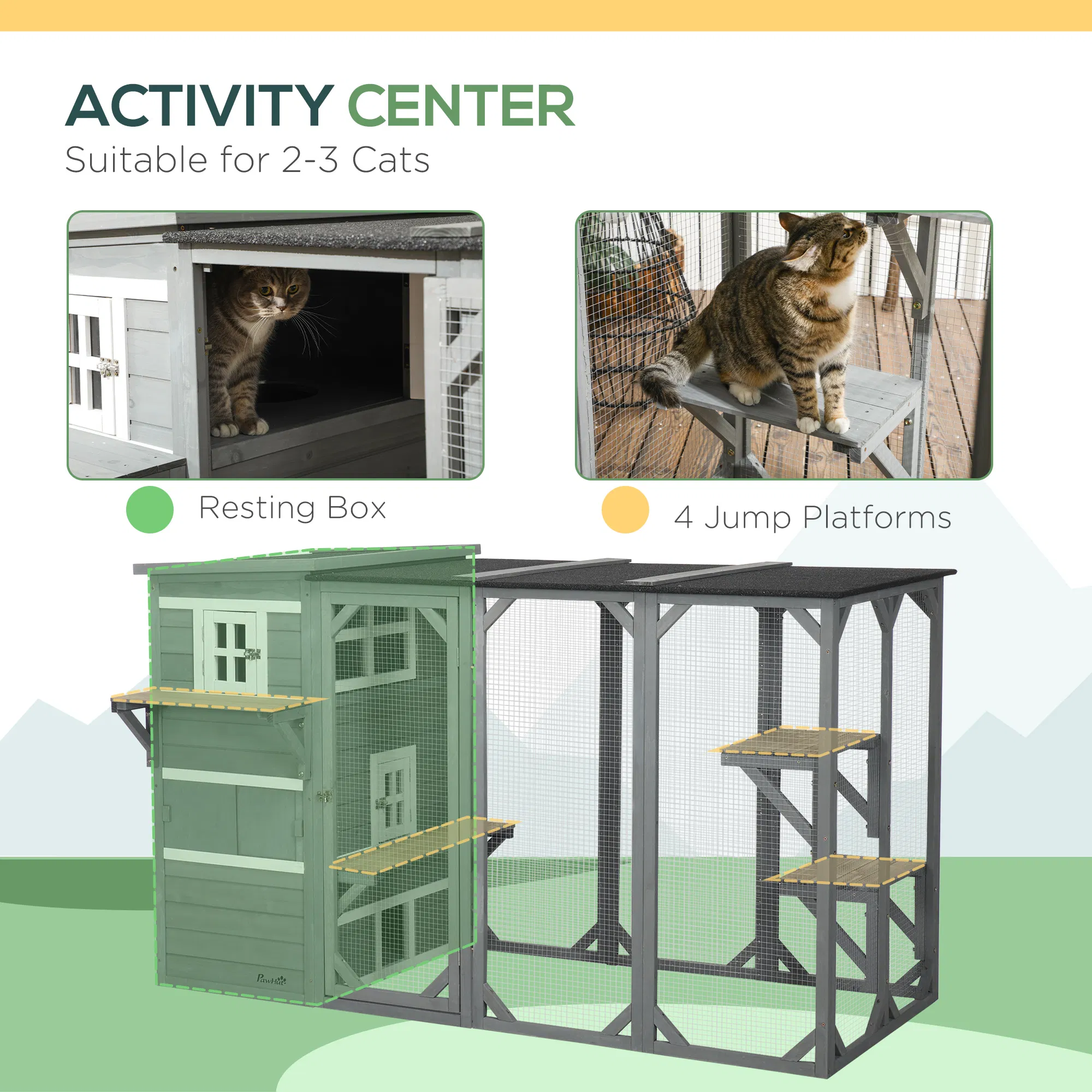 Wooden Cat Catio, 76"L Walk in Outdoor Cat House with Asphalt Roof, Platforms, Lockable Doors, 3-tier Resting Condo, Observation Window, for 2-3 Cats, Light Grey — image 6