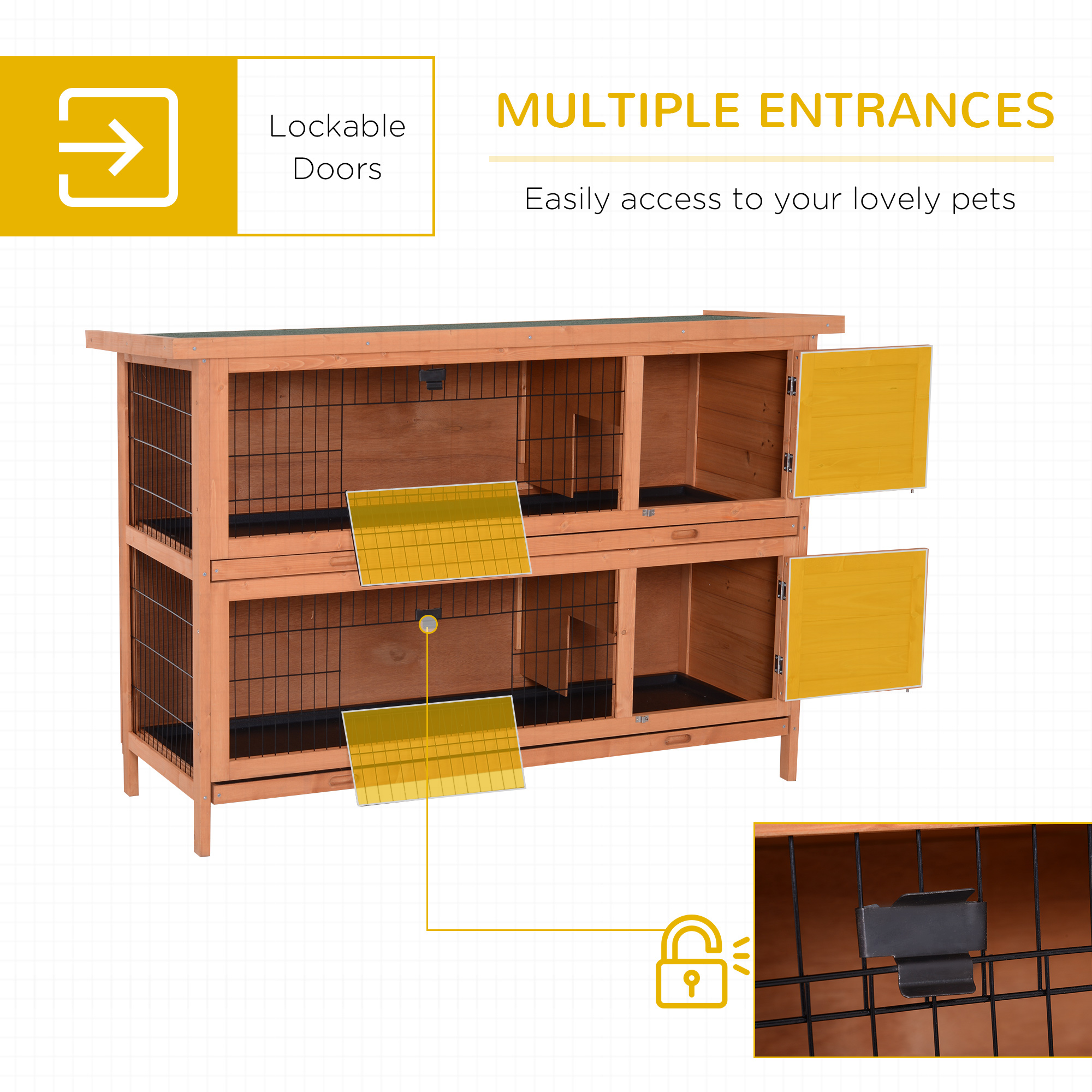 54" 2-Story Large Rabbit Hutch Bunny Cage Wooden Pet House Small Animal Habitat With Lockable Doors, No Leak Tray And Waterproof Roof For Rabbits, Chickens, Ducks, Outdoor/Indoor Natural — imagen 3