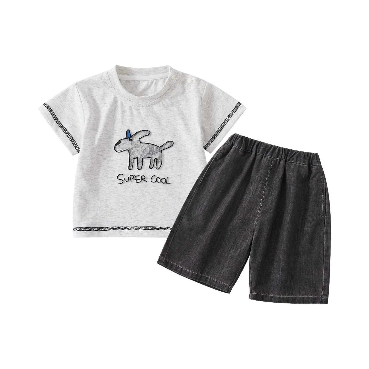 Cartoon Dog Embroidered Short Sleeve Top and Casual Breathable Denim Pants Two-Piece Set for Baby Boys — image 1