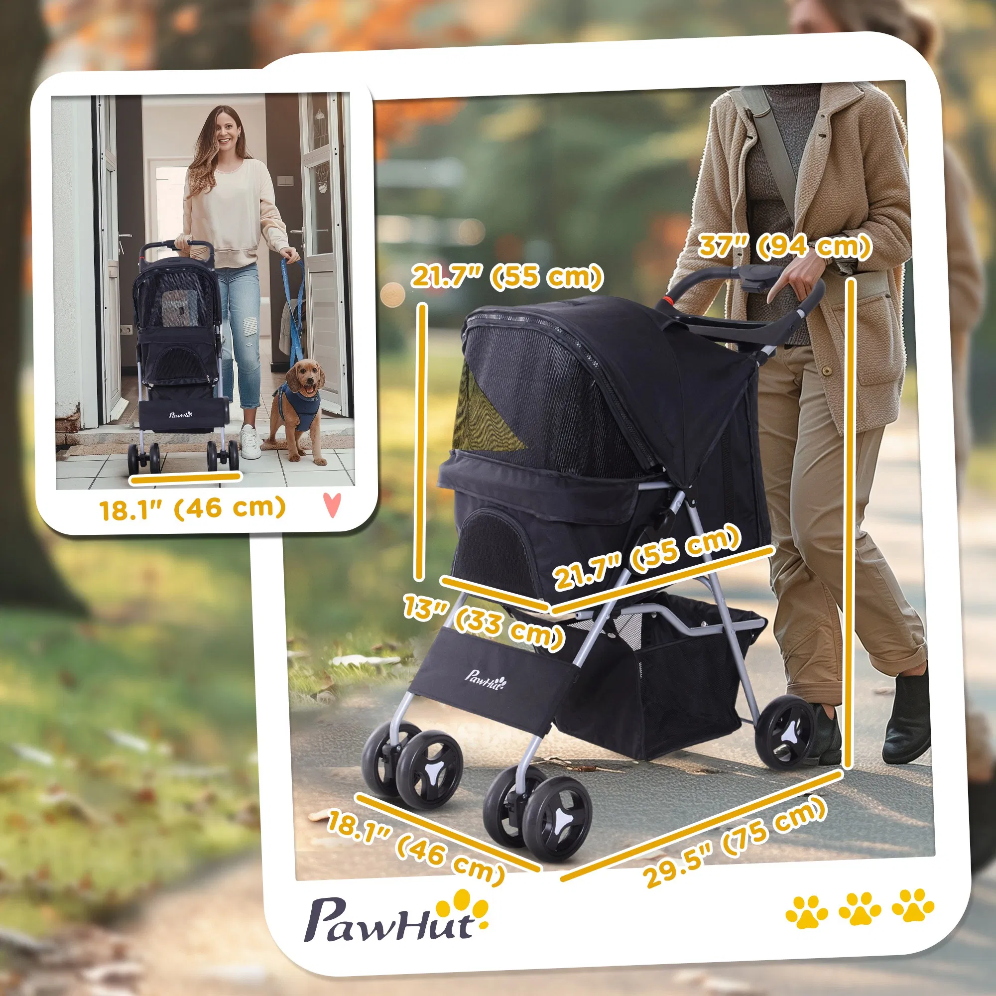 Dog Stroller, One-click Folding Pet Stroller with Cup Holder, 4 Wheels Travel Carrier w/ Brakes, 360° Swiveling Front Wheels, Storage Basket, for XS/Small Dogs Cats, Black — image 4