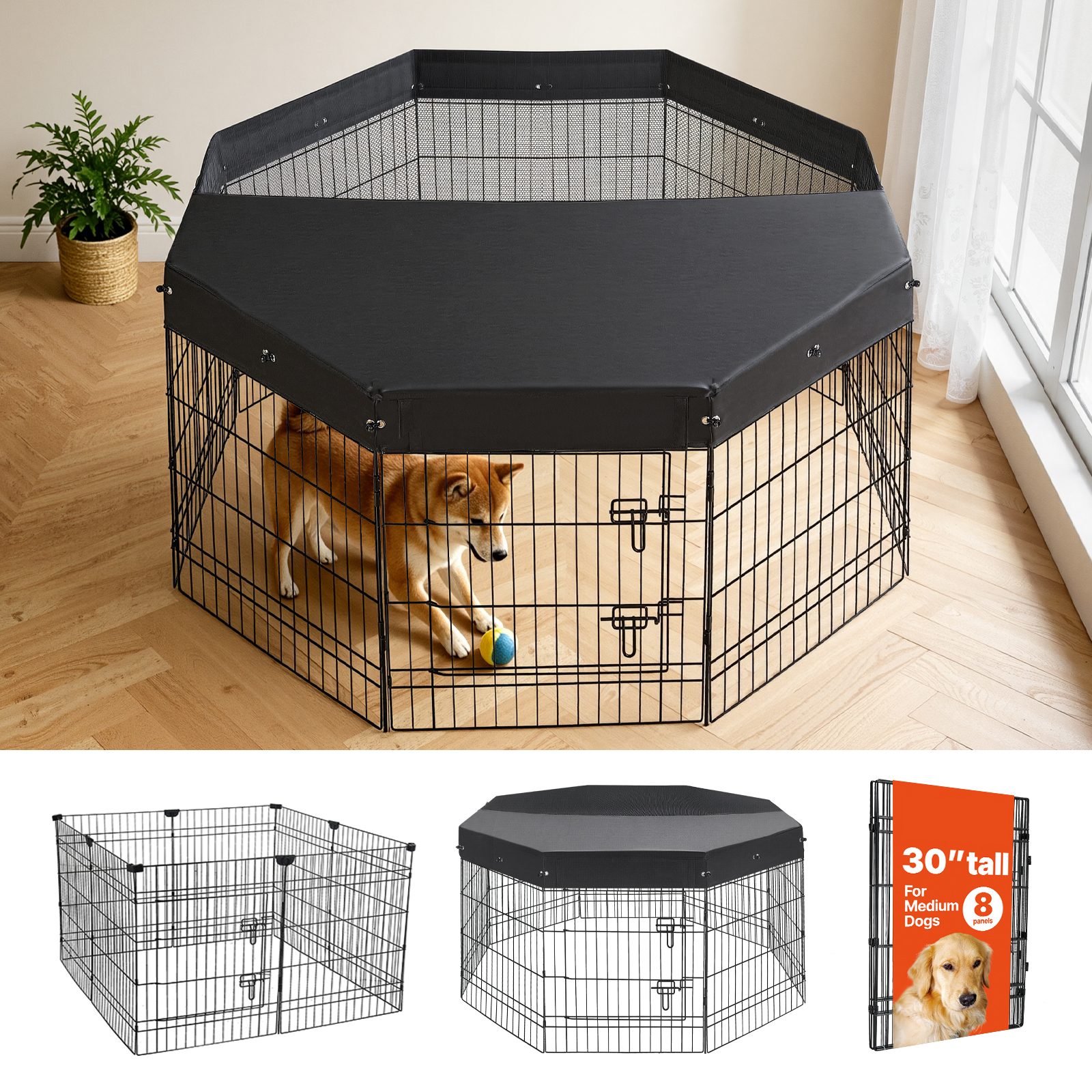 Dog Playpen 30 Inch 8 Panels Foldable Exercise Pen With Top Cover, Indoor Metal Pet Fence With Door, Heavy Duty Puppy Crate Kennel, Pet Playpen For Dogs, Cats, And Other Small Animals, Black — image 1