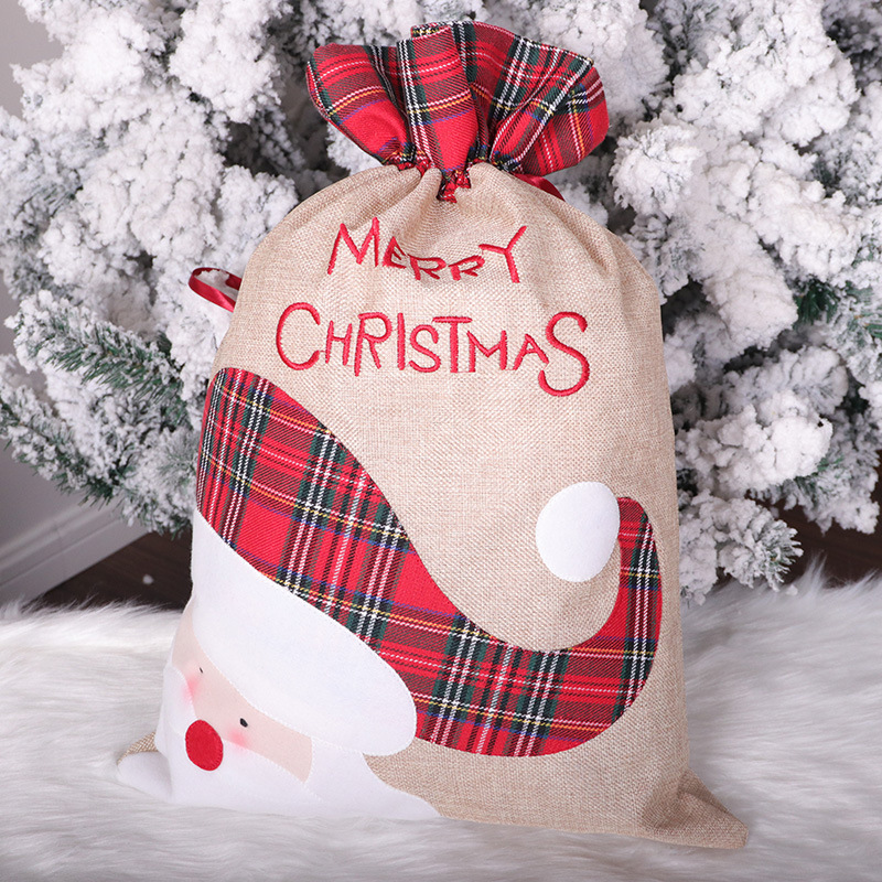 Santa Claus Little Deer Christmas Linen Gift Bag Drawstring Ribbon Candy Bag Christmas Decorative Apple Bag — image 6