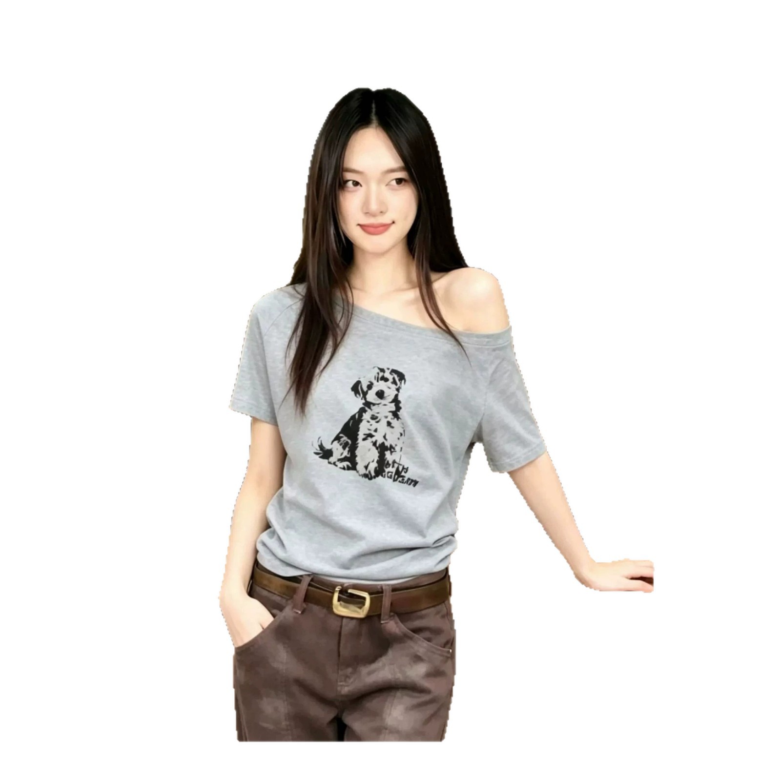 Dog Print Asymmetrical Shoulder Short Sleeve T-Shirt for Women — image 1