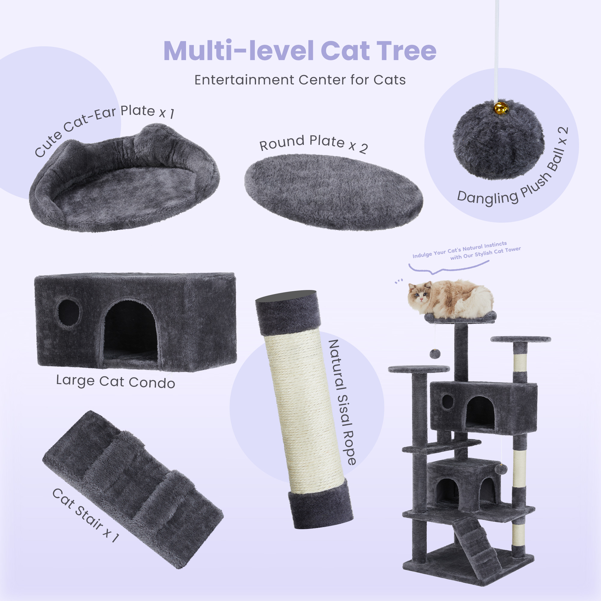 Large Cat Tree Tower, 62-70-80 Cat Tree Large Cats, Multi Level With Scratching Post, Cozy Cat Jumping Platform Space, Grey — image 3