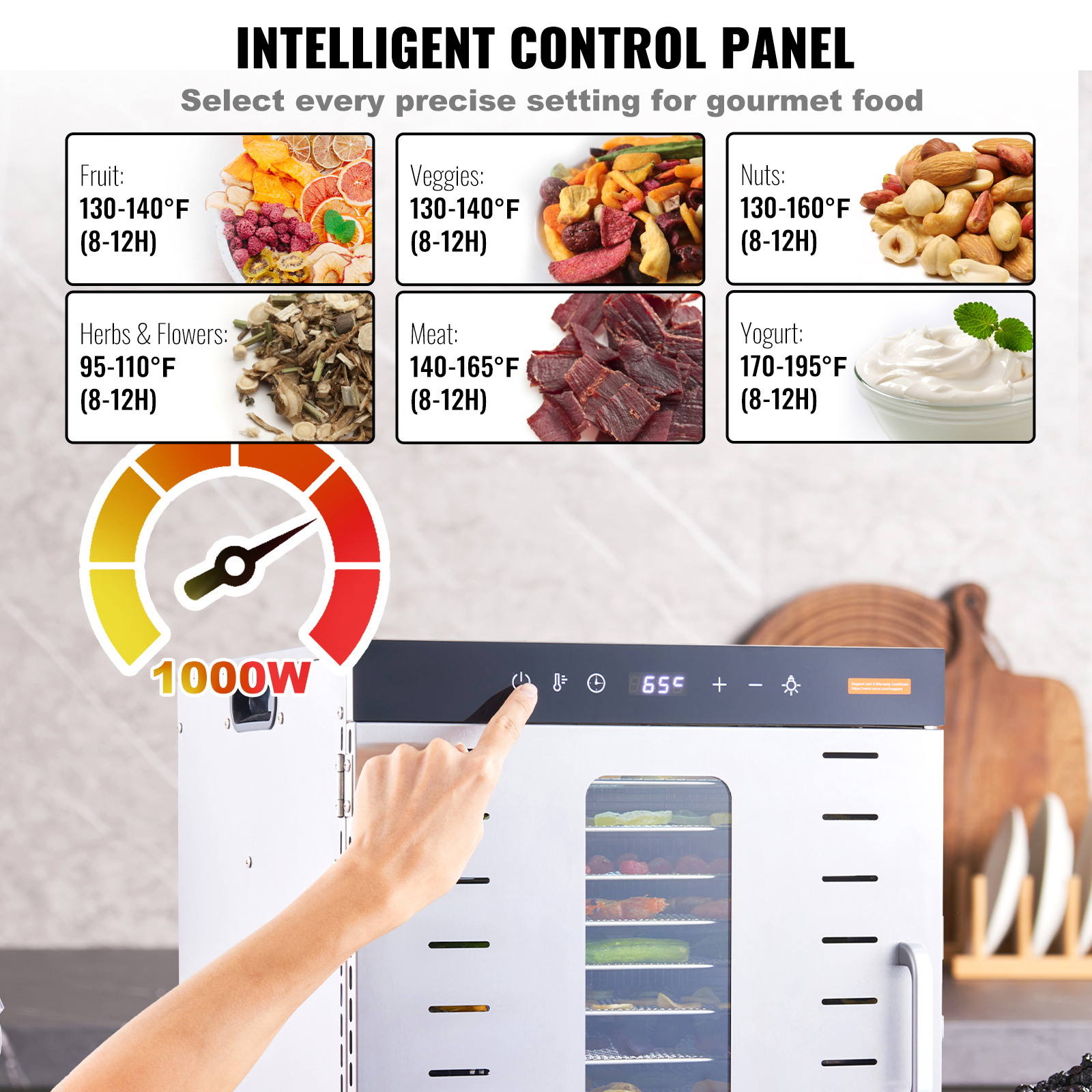 VEVOR Food Dehydrator Machine, 10 Stainless Steel Trays, 1000W Electric Food Dryer With Digital Adjustable Timer & Temperature For Jerky, Herb, Meat, Beef, Fruit, Dog Treats And Vegetables — image 6