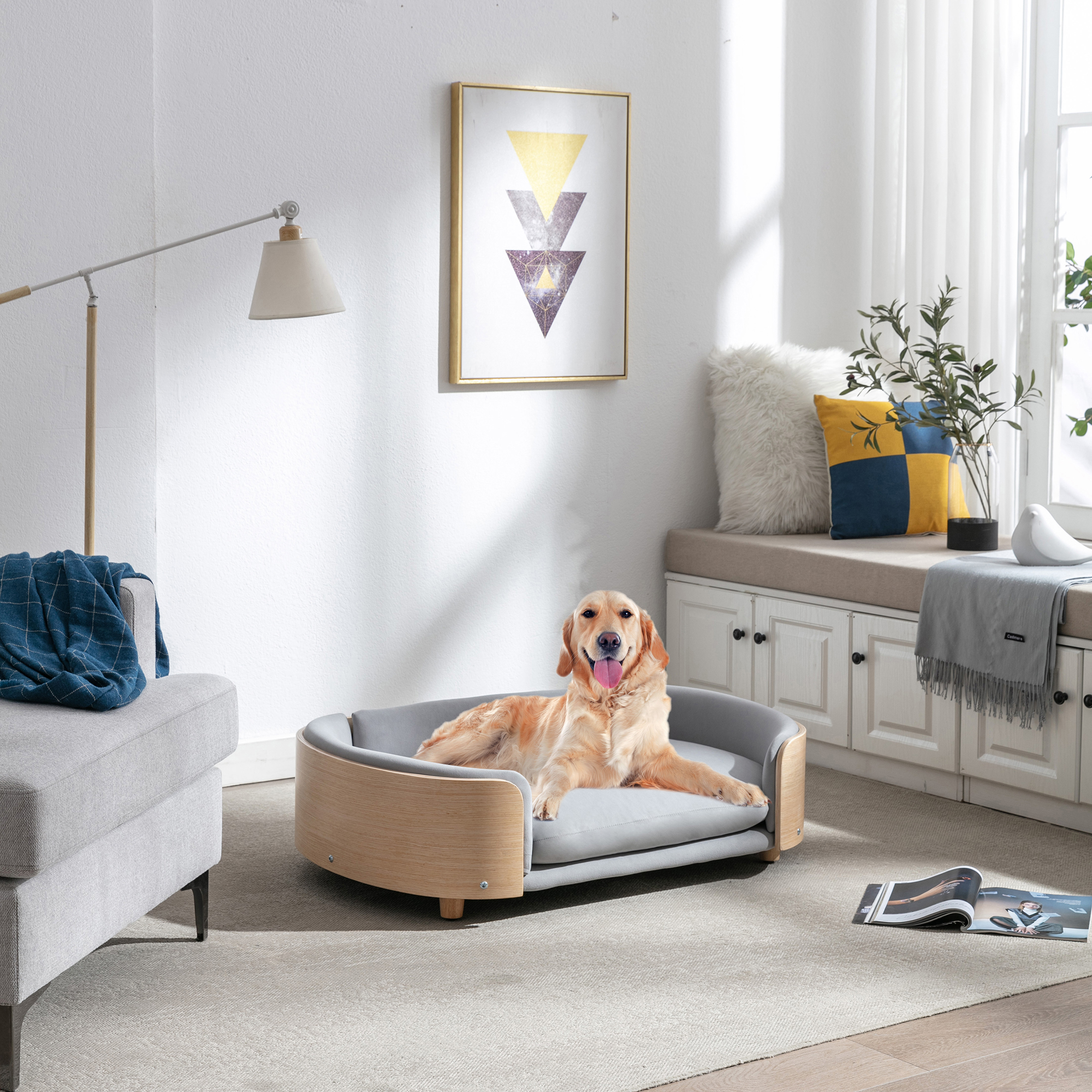 Scandinavian style Elevated Dog Bed Pet Sofa With Solid Wood legs and Bent Wood Back, Velvet Cushion, Large Size — image 5