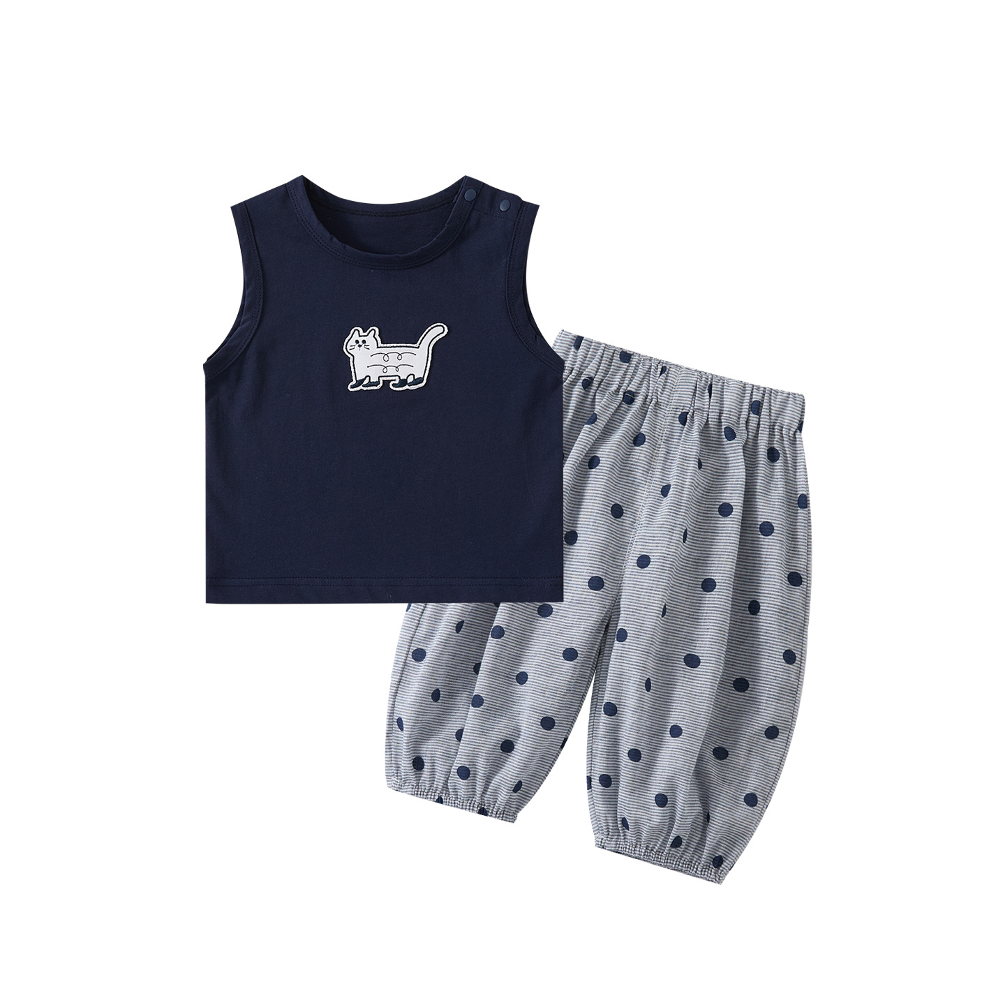 Cartoon Cat Applique Vest, Boy's Summer Lightweight Polka Dot Cool Ankle Pants Two-Piece Set — image 1