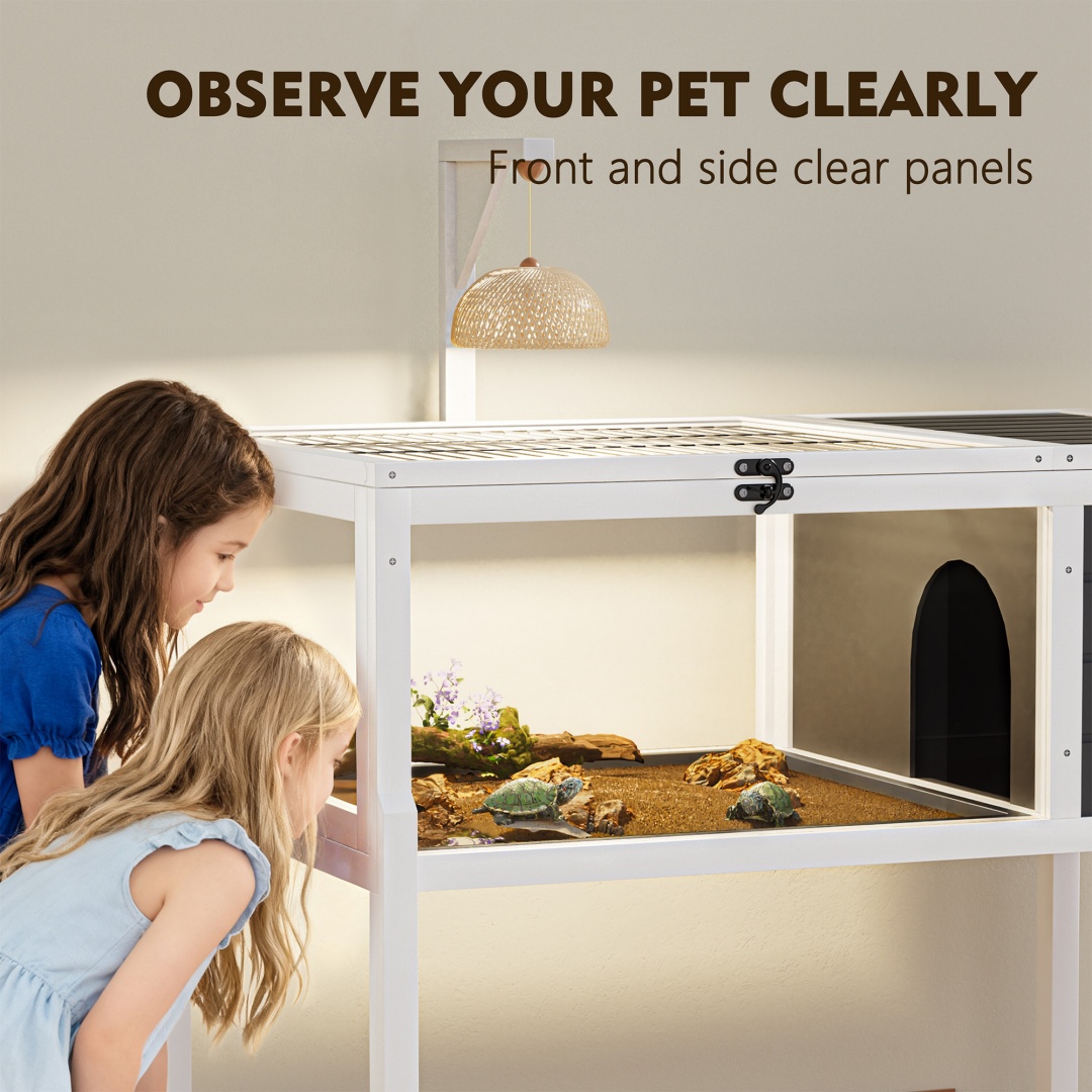 Hábitat de Reptiles Casa para Tortugas con Soporte de Lámpara, Gran Ventana de Observación, 2 Platos Impermeables, Patas Desmontables, Encierro de Madera Fácil de Limpiar para Tortugas, Lagartos, Geckos y Pequeños Animales Interior y Exterior — imagen 17