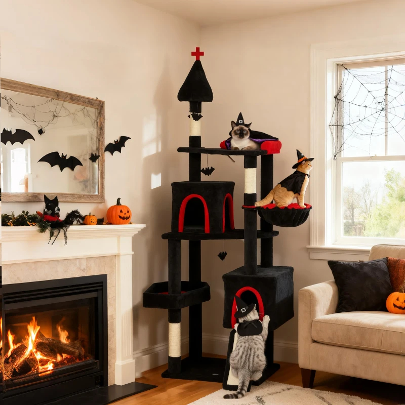 Gothic Cat Tree, Cat Tower With Coffin Bed, 2 Spacious Condos, Sisal Scratching Posts, Bat Hanging Balls, Halloween — imagen 9
