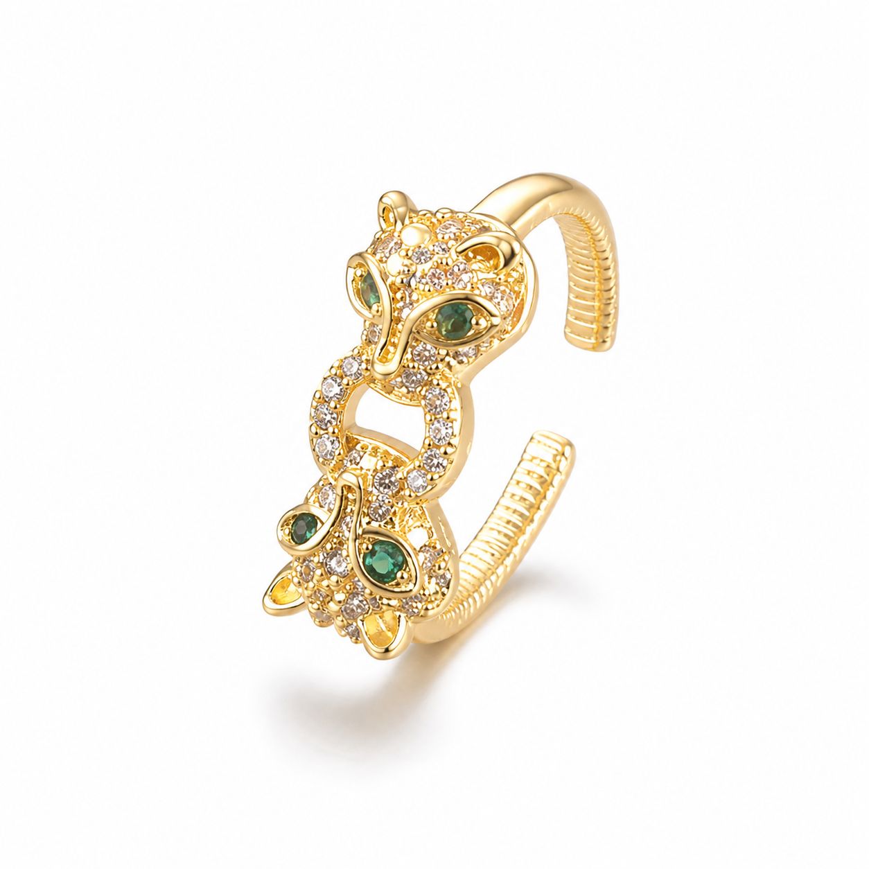 Anillo de Zafiro Blanco y Esmeralda Verde en forma de zorro vacío con ajuste abierto para mujer, dorado plateado sobre cobre