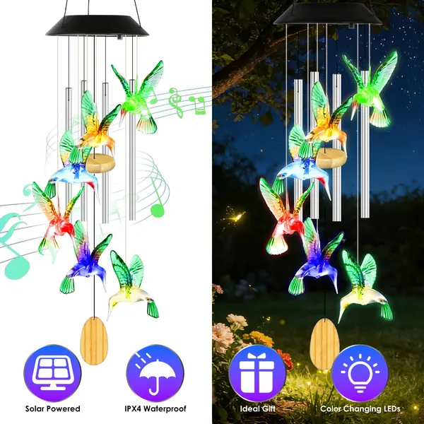 2Pcs Options - Solar Hummingbird Wind Chime With Aluminum Tubes 7 Color Changing Wind Chime For Outside IPX4 Waterproof Outdoor Garden Yard Decor — image 1