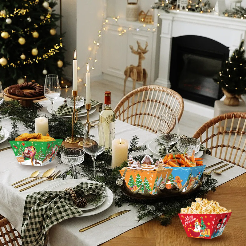 12 Pcs Christmas Paper Food Tray Tree Santa Gingerbread Elk Pattern Snack Bowl Xmas Party Disposable Paper Serving Tray Cute Popcorn Hot Dog Candy Container Boat For Winter Xmas Carnivals Decorations — image 4