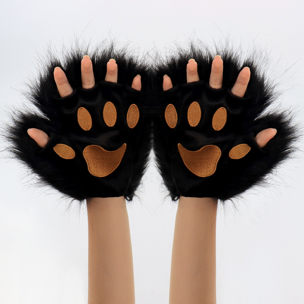 Fuzzy Cat Paw Gloves Halloween Costume Prop Cosplay Wearable Half-Finger Animal Paws Winter Warmth — image 4