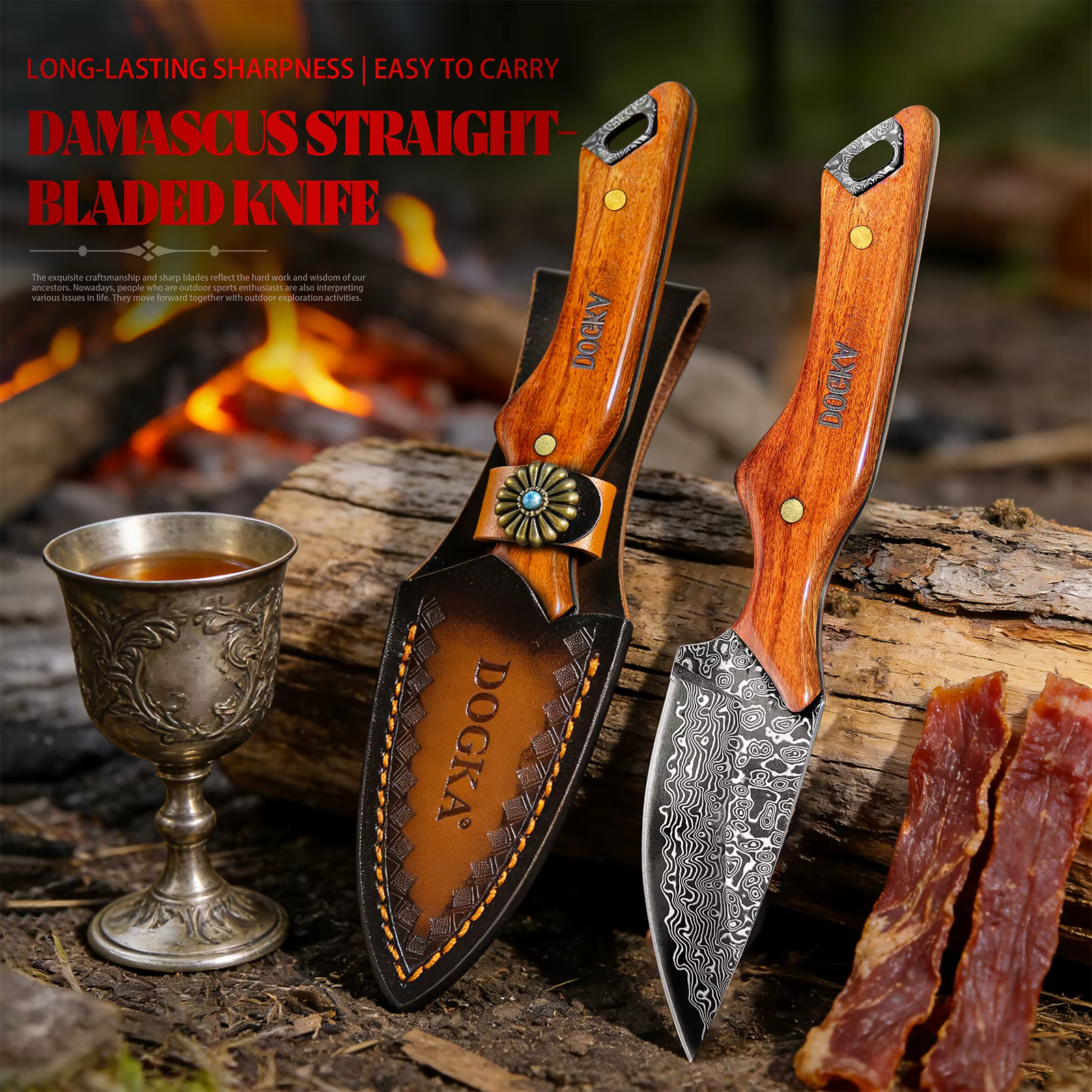 Handmade Damascus Hunting Knife, Full Tang Fixed Blade Camping Knife with Leather Sheath — image 4