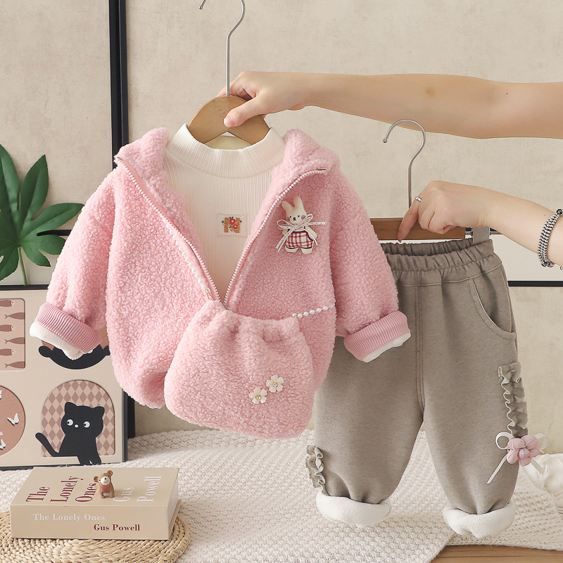 Girls' Floral Rabbit Print Fleece Lined Winter Three-Piece Set — image 5