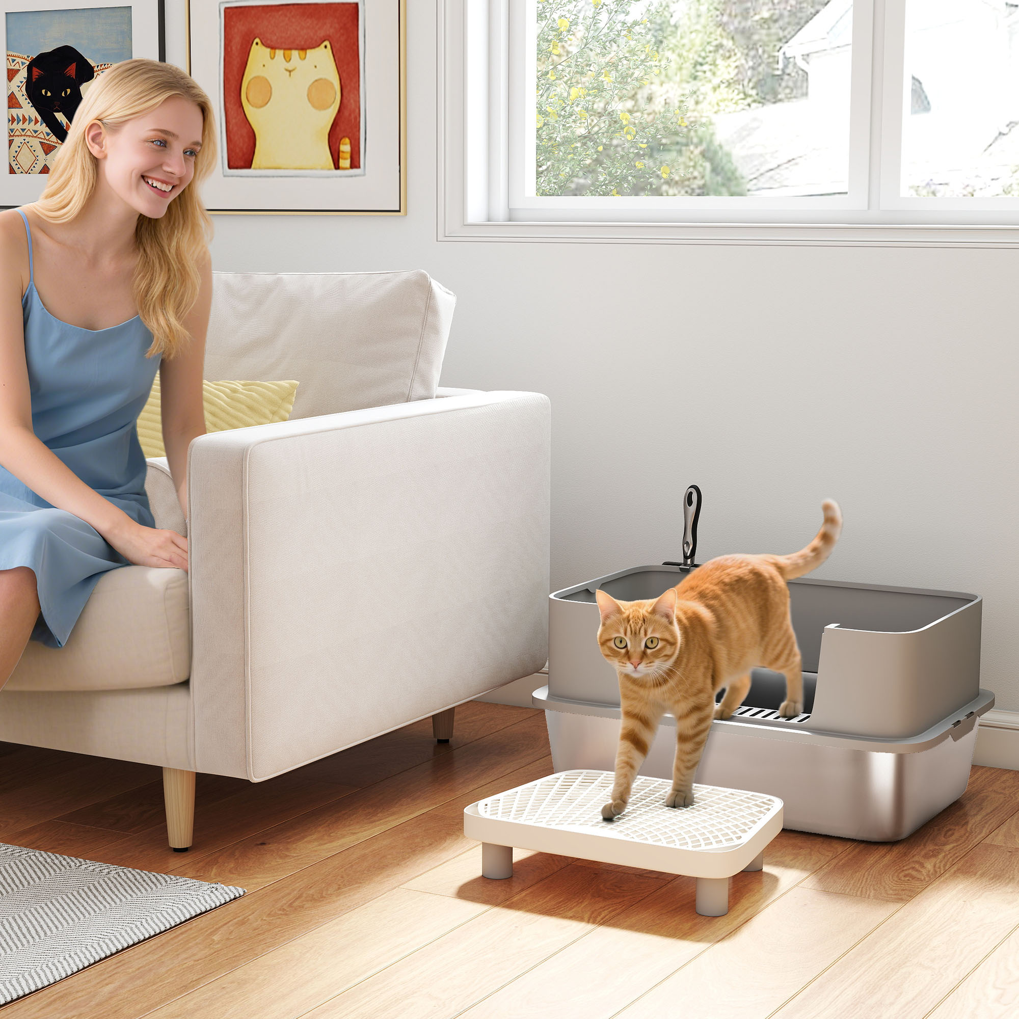 Stainless Steel Litter Box With High Sides, Metal Cat Litter Box With Scoop, Pedal, Anti-Urine Leakage, Non-Sticky — imagen 1