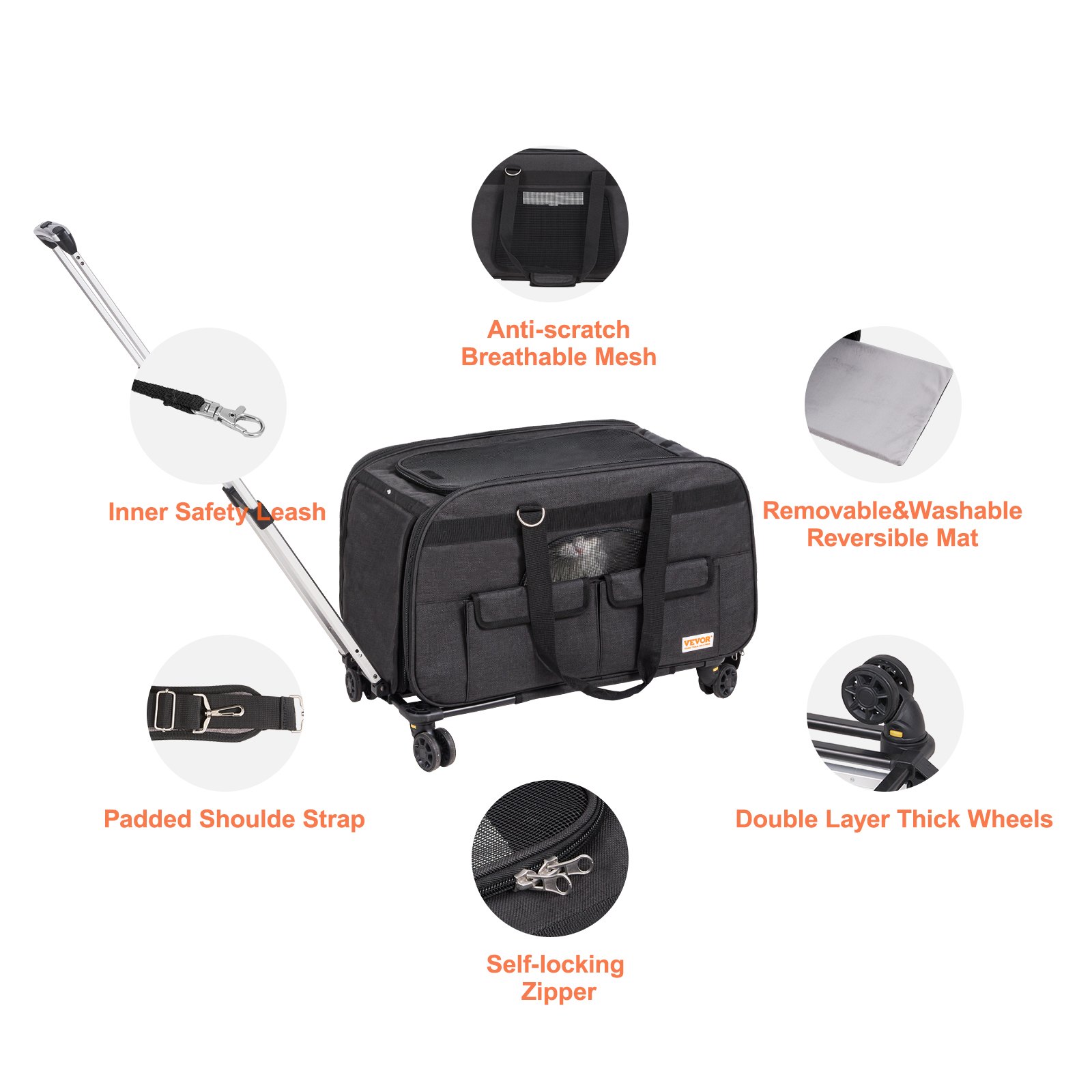 Cat Carrier With Wheels, Rolling Pet Carrier With Telescopic Handle And Shoulder Strap, Dog Carrier With Wheels For Pets Under 35 Lbs, With 1 Folding Bowl, Black — imagen 8