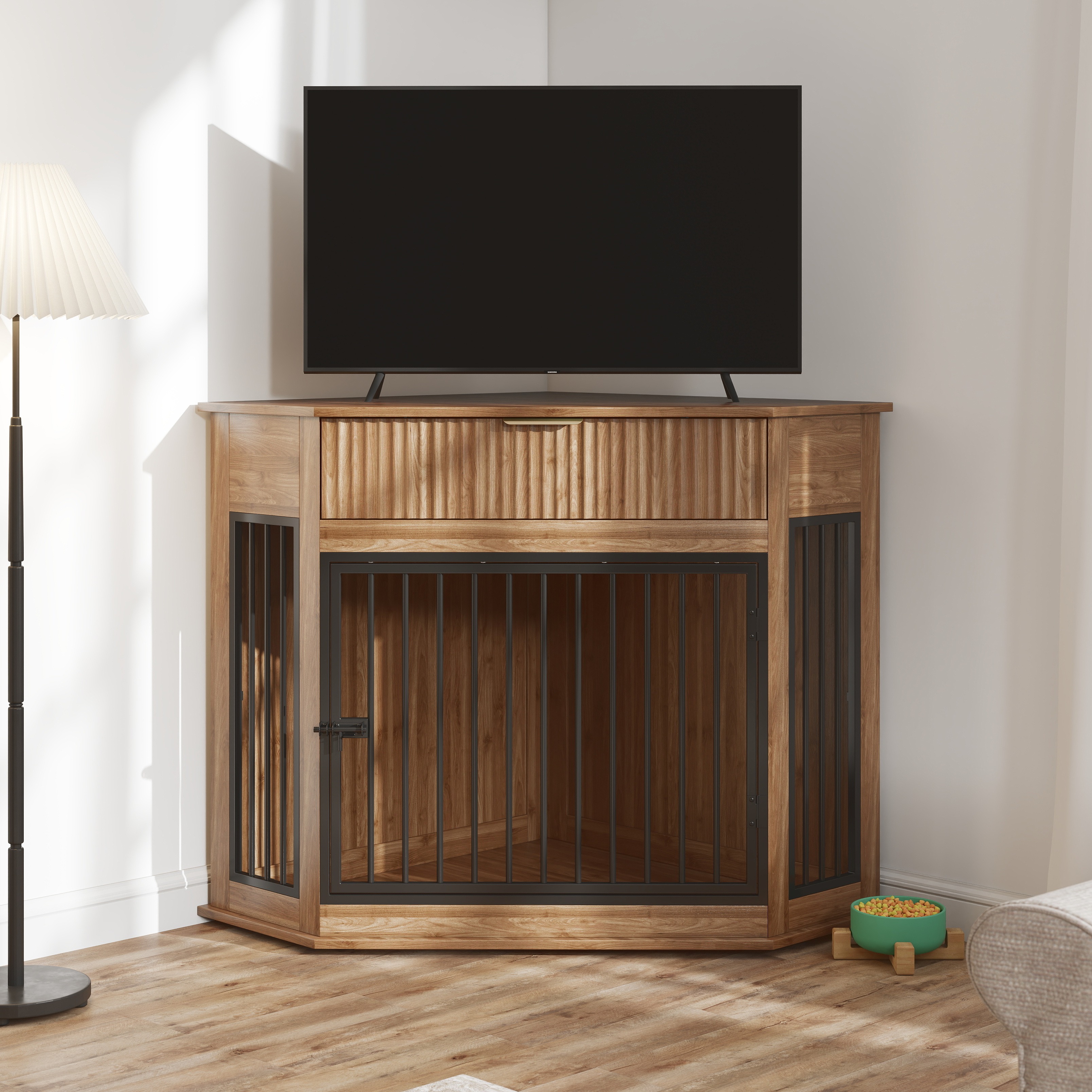 Jaula de esquina de 44.6" en MDF, mueble estilo jaula para perros pequeños y medianos, mesa auxiliar decorativa con cajón acanalado, gabinete moderno para ahorrar espacio, para interior, nogal — imagen 4