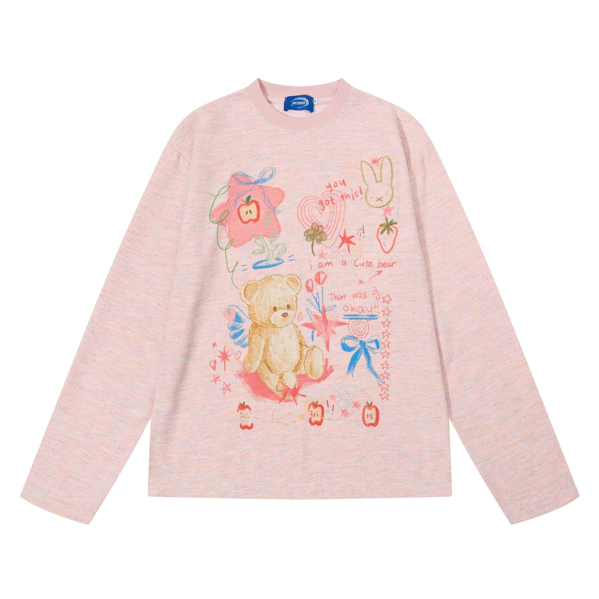 Cartoon Bear Strawberry Bow Graffiti Print Long Sleeve Round Neck Loose T-Shirt — image 3