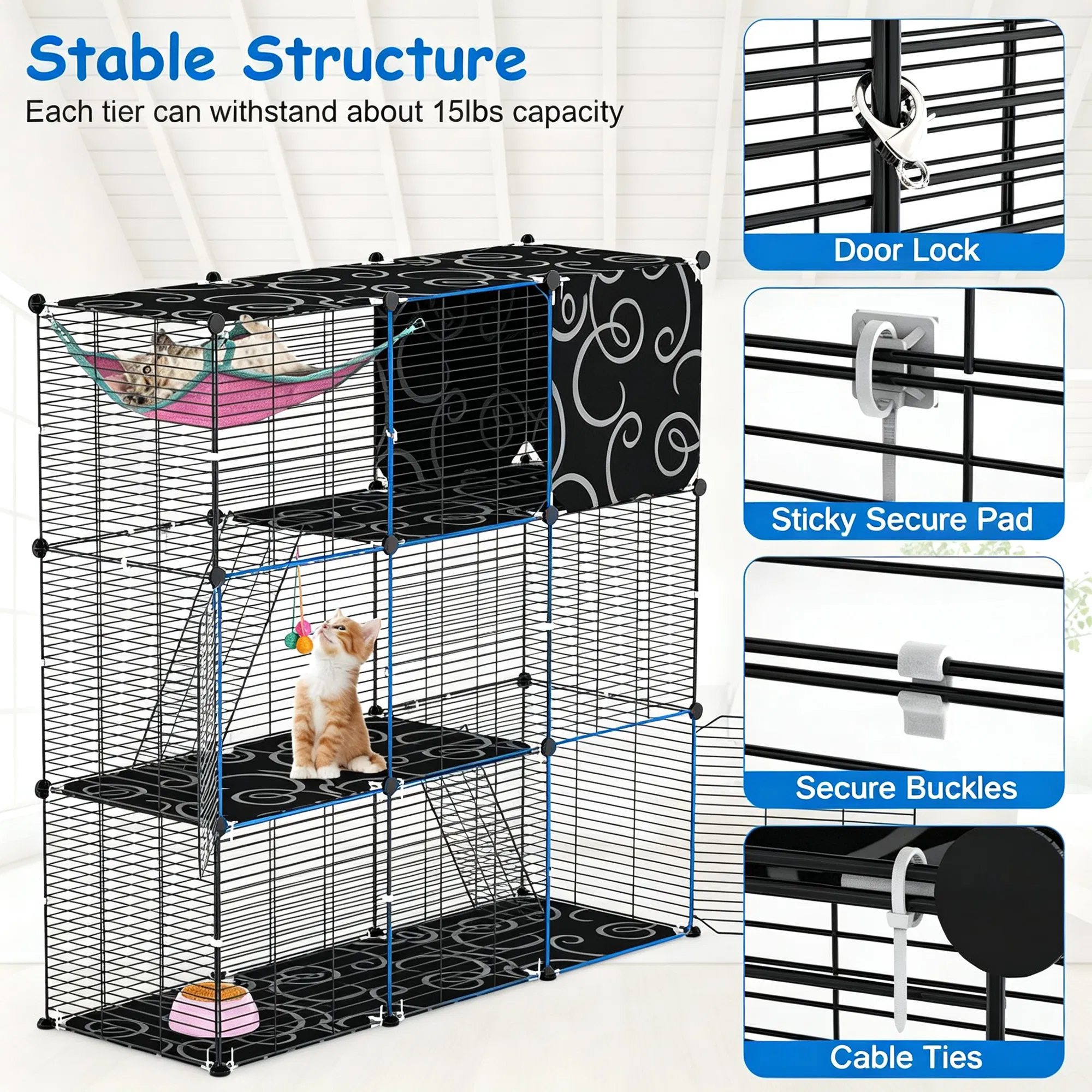 3-Level Metal Cat Cage Enclosure, Modular Pet Habitat with 3 Doors, 2 Ladders, Plush Hammock and Toy Ball for Small Indoor Animals — image 6