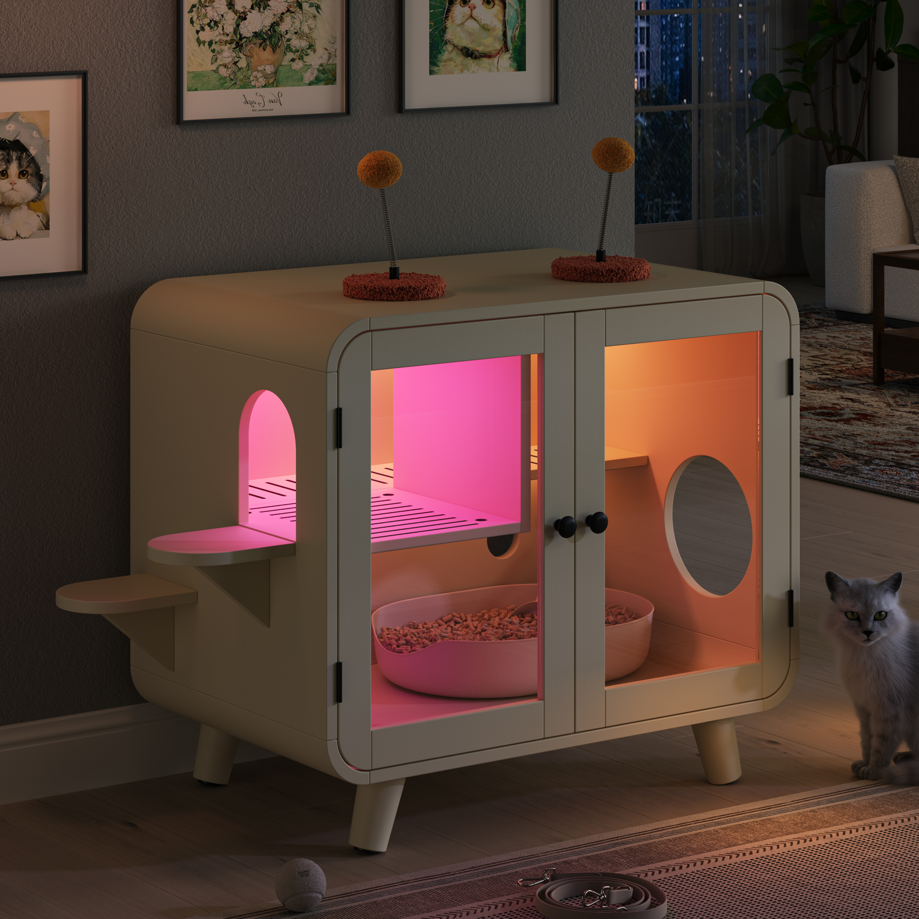 Cat Hidden Litter Box Enclosure With RGB LED Light, Cat House With Stairs And Cat Pom-pom Toys For Fun, Cat Washroom Cabinet With Litter Leak Walkway And Glass Doors For Better View, Beige — imagen 5
