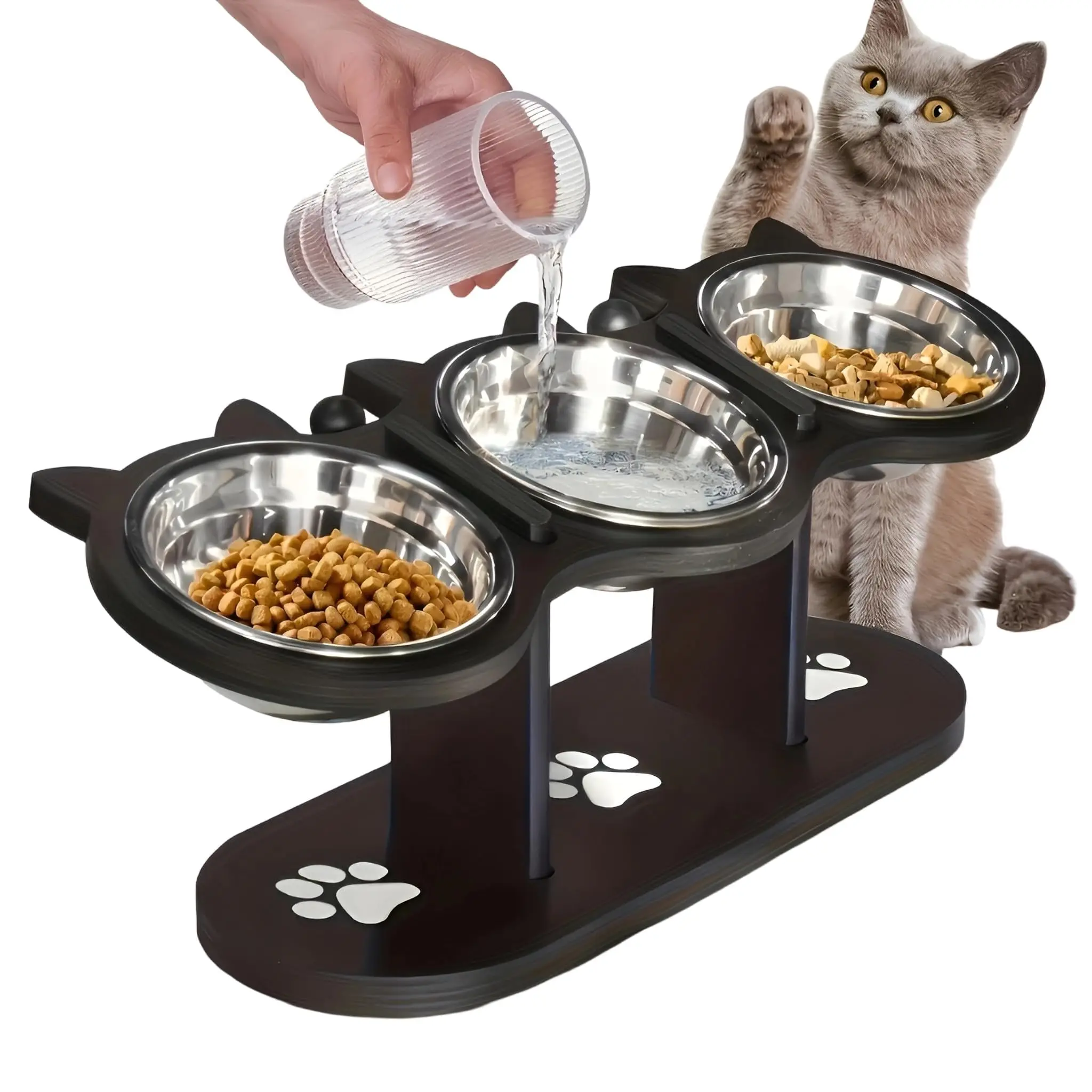 Elevated Cat Food Bowl with Black Wooden Support Frame Stainless Steel Cats Bowls 15° Stand Sloped Feeding & Watering Supplies — image 1