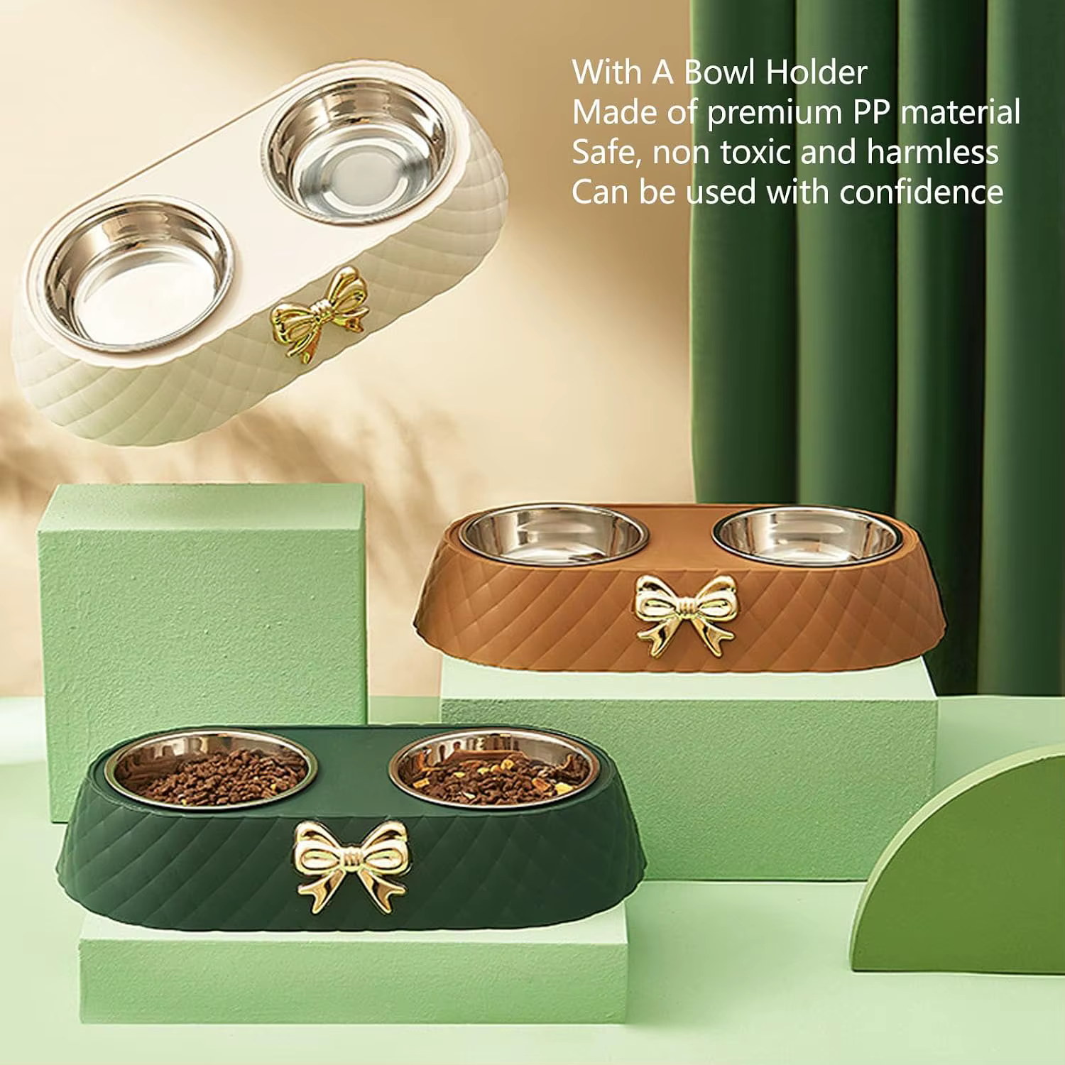 Double Pet Bowl Set Stainless Steel Pet Bowls With Bowknot Decor Holder Non-Slip Non-Spill Food Water Feeding Bowl Set For Small Medium Dogs Cats Puppies Adjustable Elevated — image 8