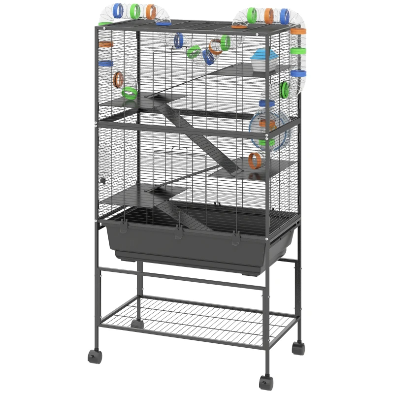 PawHut 5 Tier Hamster Cage, Rolling Rat Cage With Deep Tray, Storage Shelf, Big Exercise Wheel, Hut, Tube System — image 3