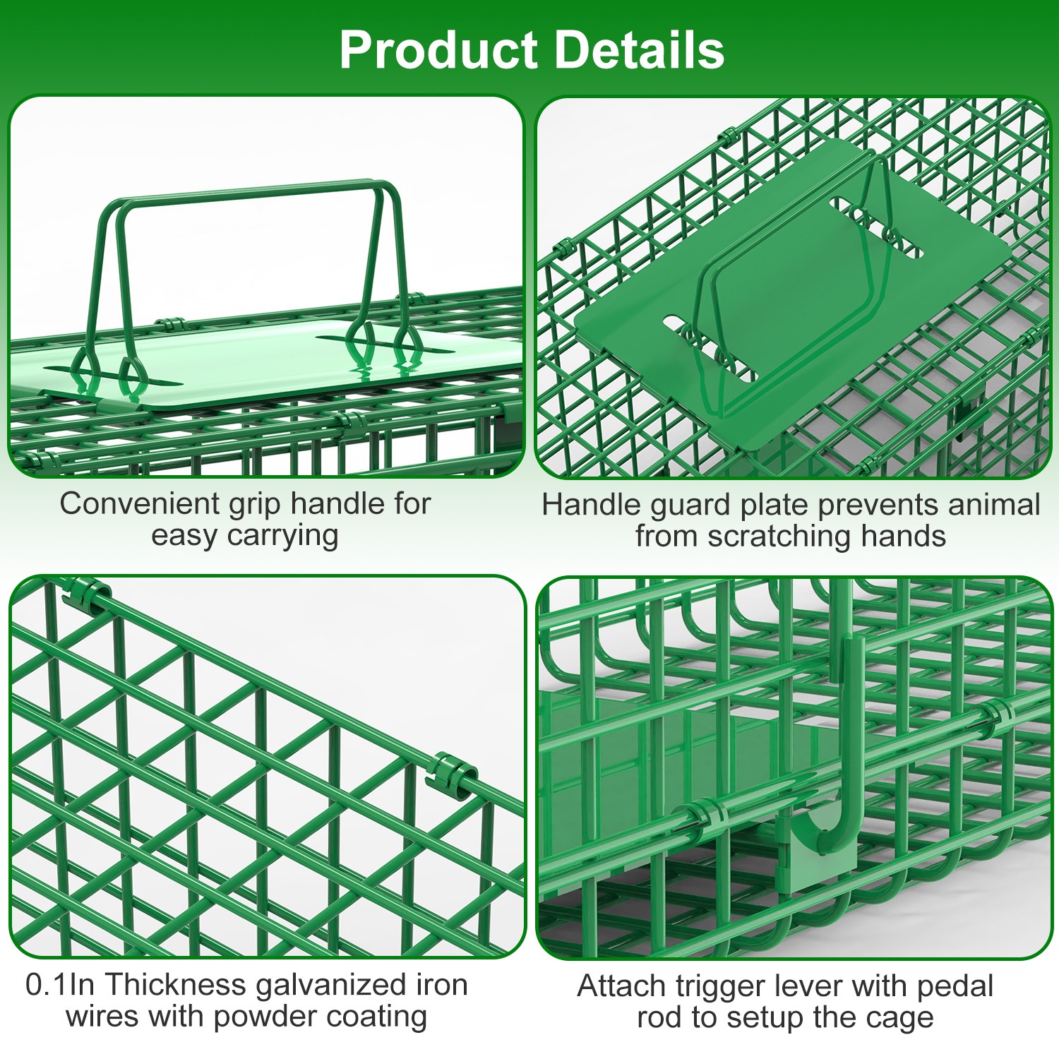 Jaula Trampa para Animales Vivos de 32 Pulgadas con 2 Puertas y Guante, Verde, para Animales de Menos de 12LBS, Fácil de Instalar, Trampa Humanitaria de Hierro Galvanizado para Conejos, Marmotas, Zorrillos, Zarigüeyas, Nutrias y Gatos Callejeros — imagen 9