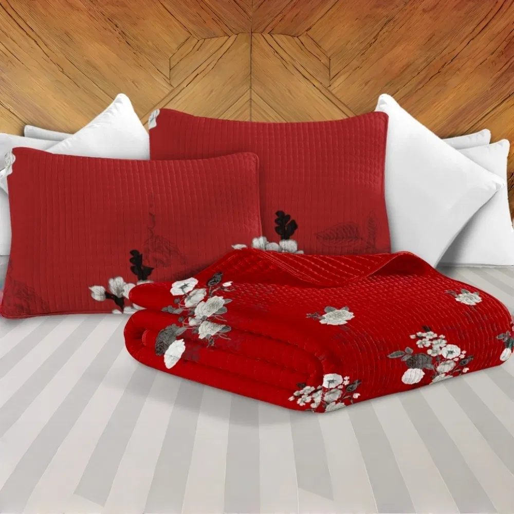 9-Piece Burgundy Red Floral Bedding & Curtain Combo Set, Vibrant Crimson Quilted Bedspread with 6 Light Filtering Window Panels & 2 Shams, Easy Care Microfiber Coverlet, Pet Friendly — image 6
