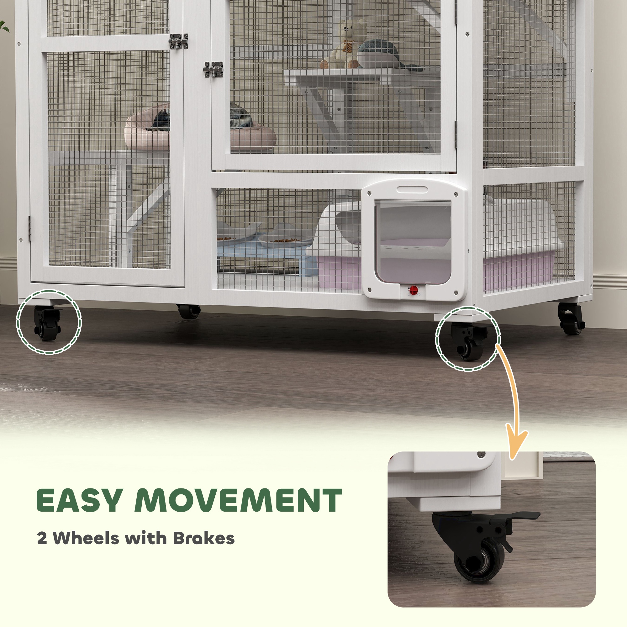 Casa para Gatos, Encierro Interior en Ruedas con Parte Superior Abatible, 39", Blanco — imagen 8