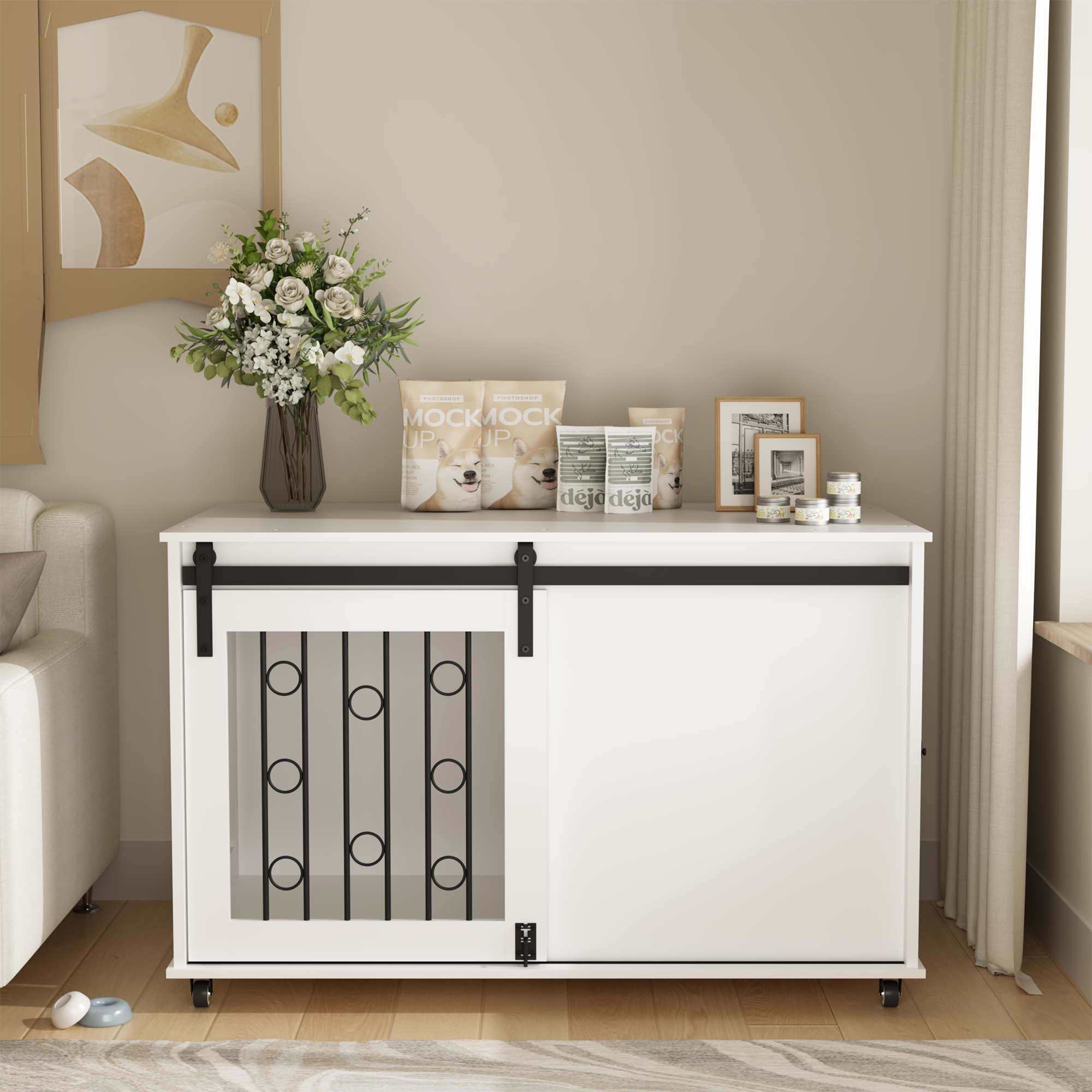39.37 Modern Wooden Dog Crate Furniture With Sliding Barn Door And Side Door, Indoor Dog Kennel End Table For Small To Medium Dogs, Decorative Pet Crate With Metal Bars And Lockable Wheels White — image 1