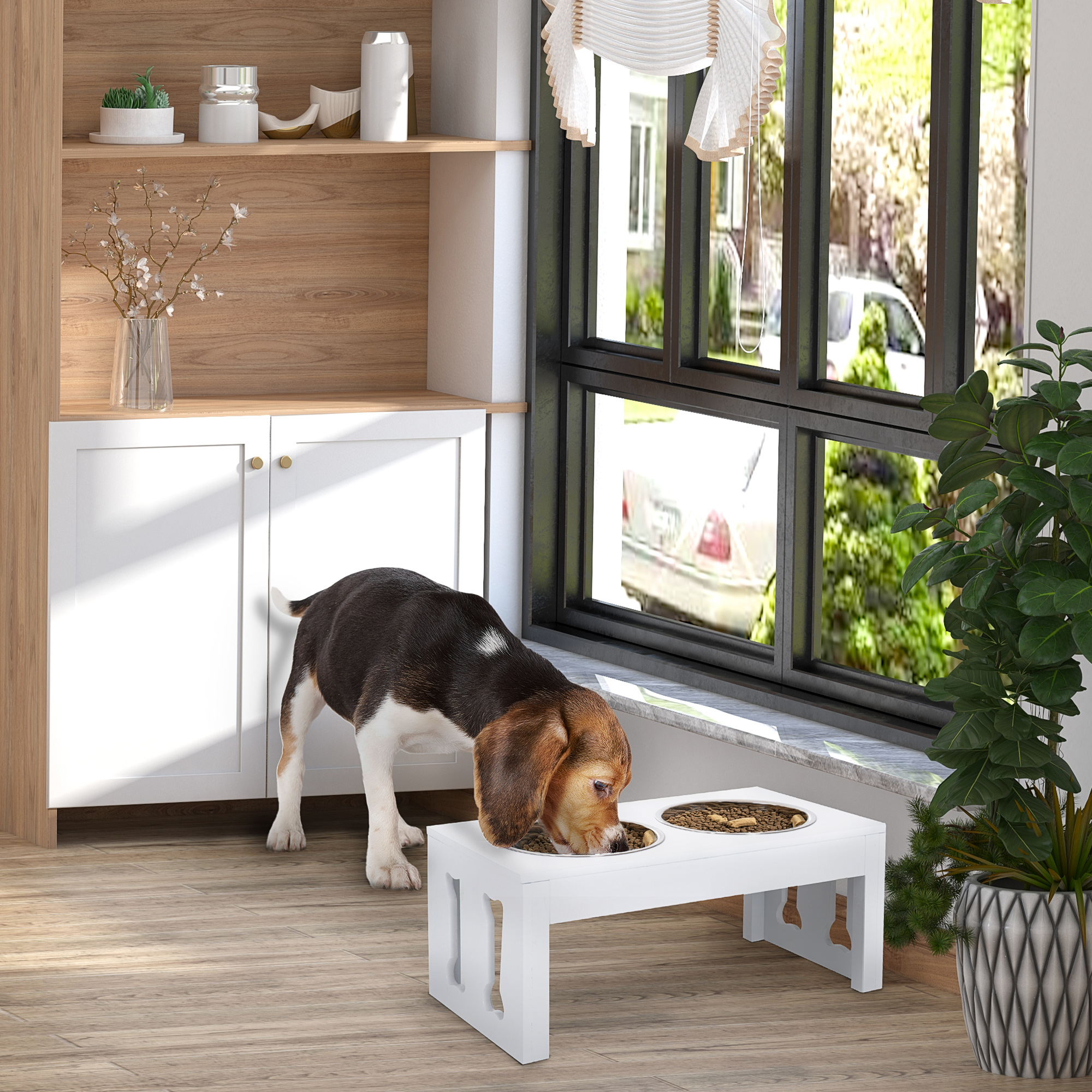 Tazones Elevados Decorativos Modernos para Perro de 23", Comedero y Bebedero de Madera Resistente, Estación de Alimentación Elevada, Blanco — imagen 1