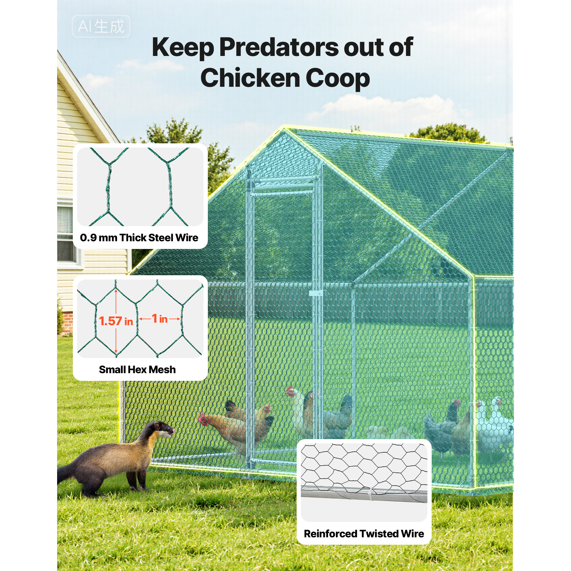 Large Metal Chicken Coop, 9.8 X 26.2 X 6.6 Ft, Walk-in Chicken Runs With Waterproof Cover, Spire Roof Hen House Enclosure With Lock, Outdoor Duck Rabbit Cage Poultry Pen For Backyard, Farm, Yard — imagen 2
