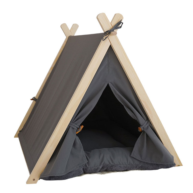 Four Seasons Pet Nest Removable and Washable Beige Stripe Canvas Solid Wood Tent Cat Nest Dog Bed — image 8
