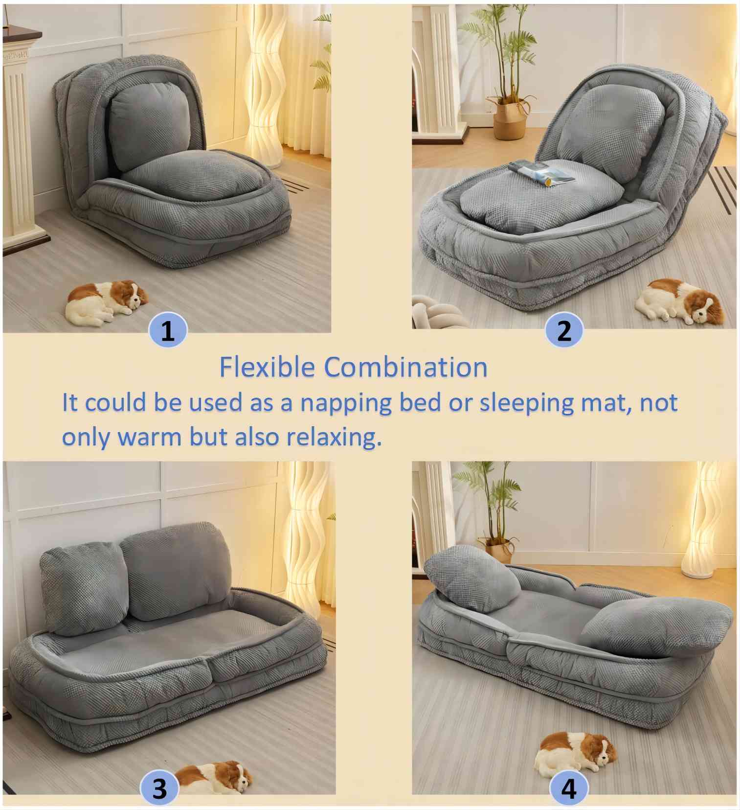 Cama para Perros Humano, Sofá Relajante, 5 Posiciones Ajustables, sentarse, dormir, plegar, ideal para sala de estar, dormitorio, Diseño Ahorrador de Espacio, Gris — imagen 3