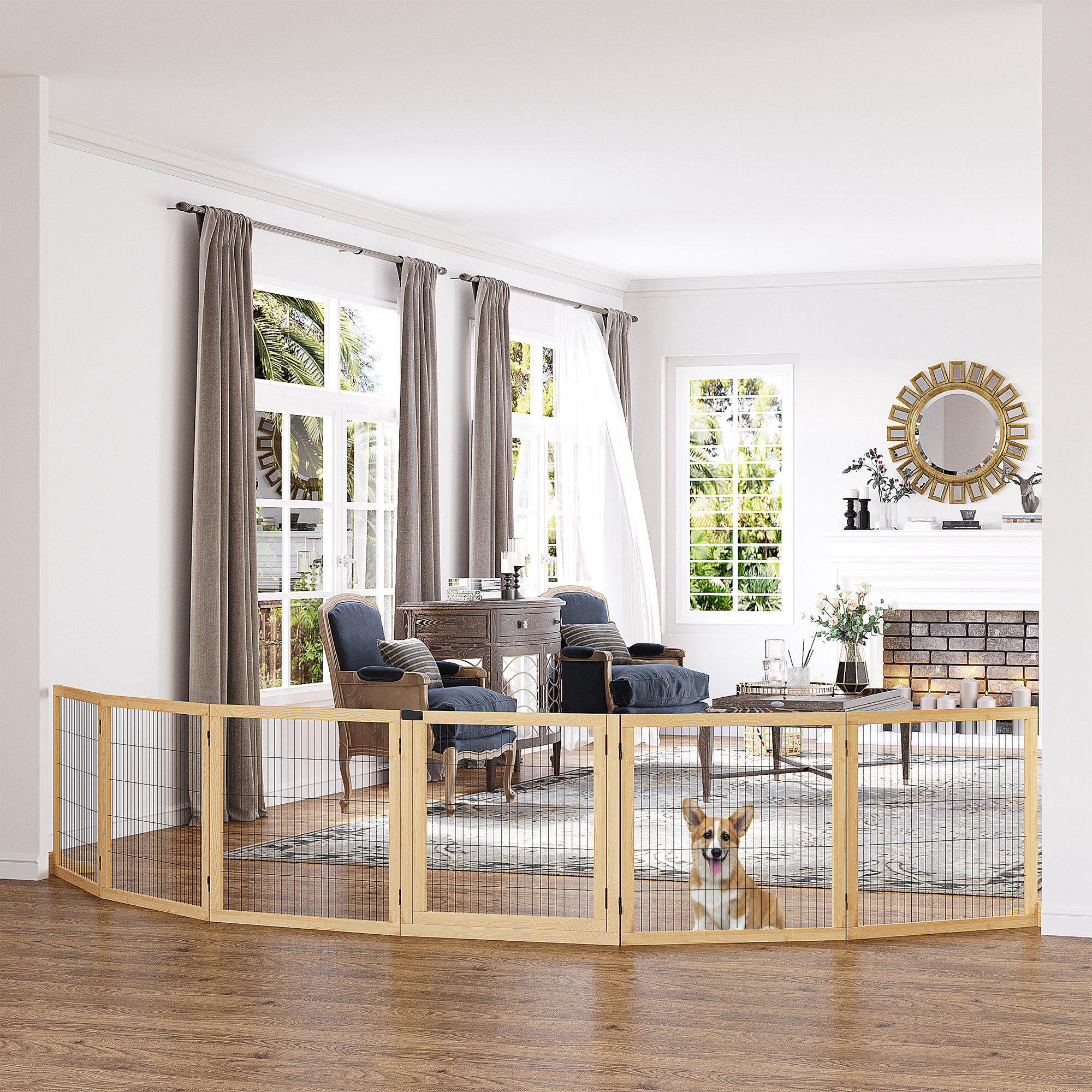 Wooden Pet Gate, 6-Panel Folding Dog Safety Barrier with Support Feet for Small & Medium Dogs, Natural Wood — image 2
