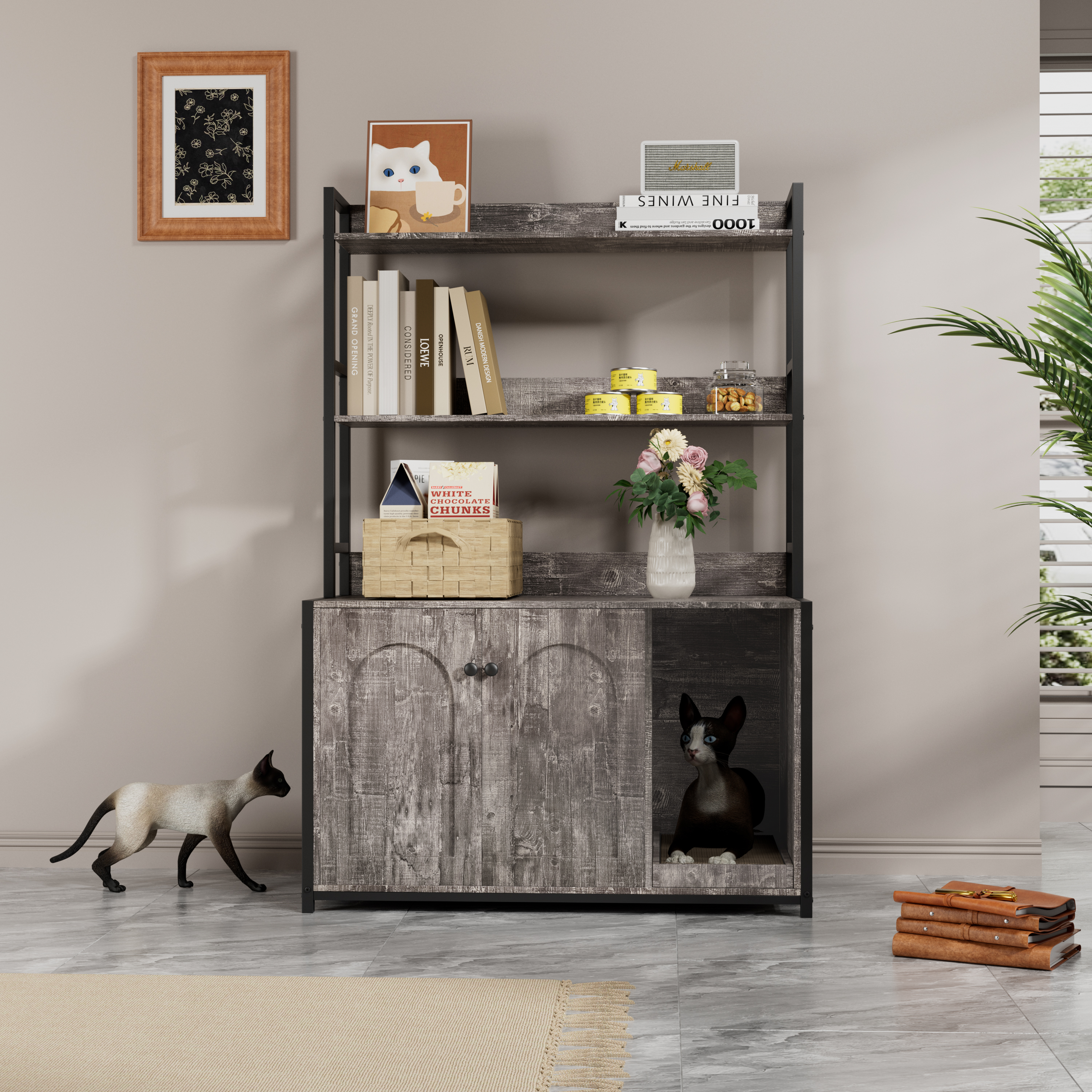 Caja de Limpieza para Gatos Grande con Almacenamiento, Mueble Oculto para Baño de Gato, Casa de Madera con Pala para Raspar, Armario de Gatos Interior Resistente con 2 Puertas (Gris) — imagen 1