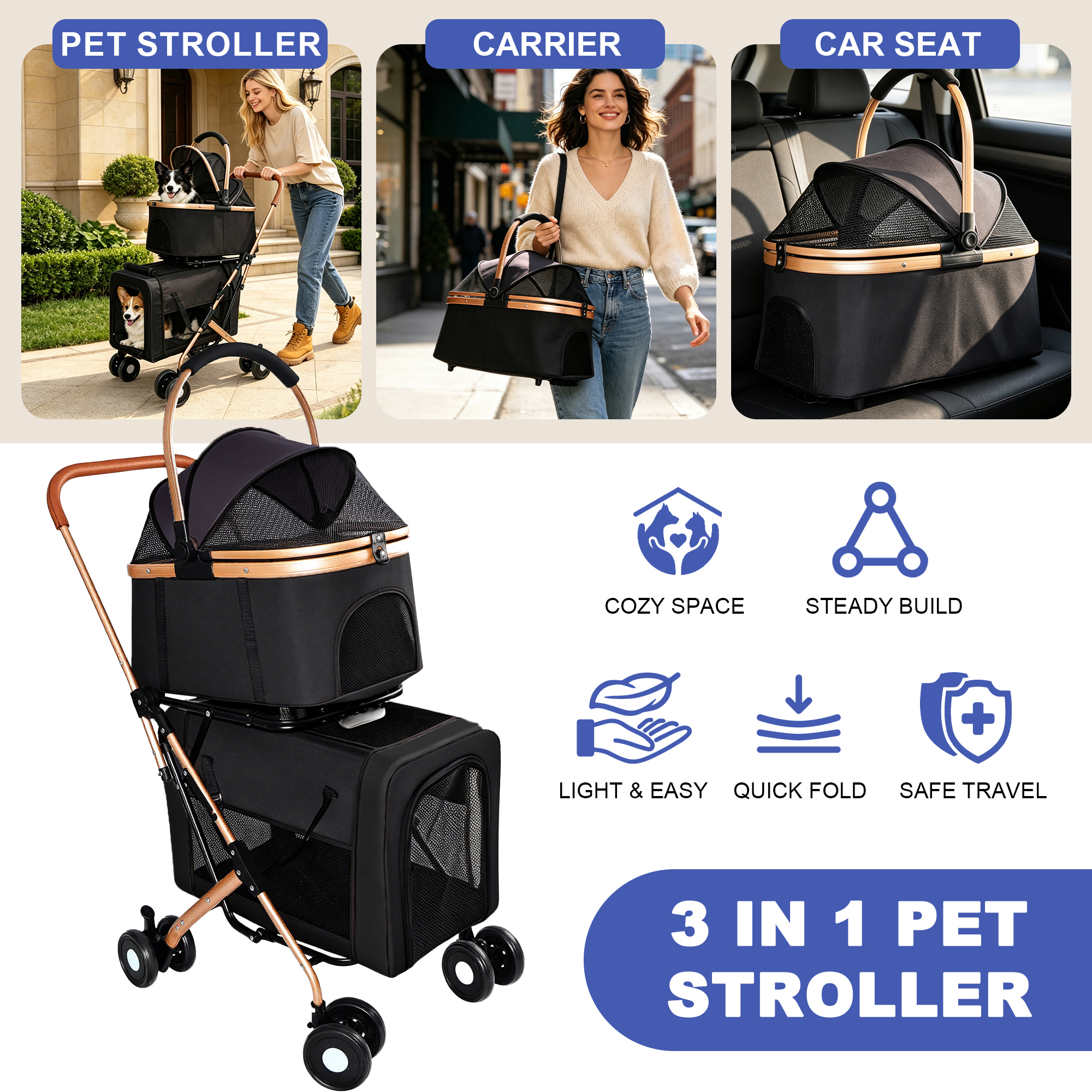 Cochecito Doble para Mascotas 3 en 1 para Perros y Gatos Pequeños y Medianos, Marco Plegable Convertible en Bolso Transportador, Ruedas Antichoque con Sistema de Freno, Doble Correa de Seguridad Fija para Hogares con Varias Mascotas — imagen 4