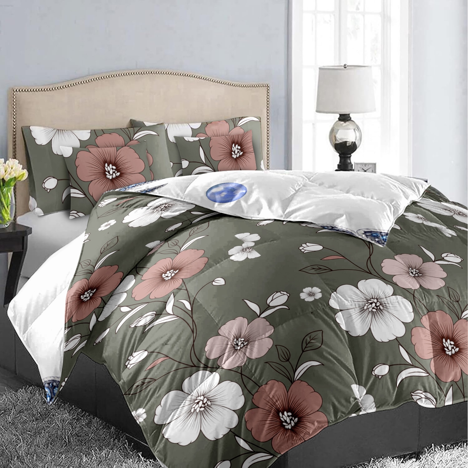 Set de Funda Nórdica Reversible de 5 Piezas, Estampado Floral Vintage Verde Salvia de Diseñador Estadounidense, Ropa de Cama de Peso Pesado con Fundas de Almohada y Cojines, Alto GSM y Resistente a Mascotas — imagen 5