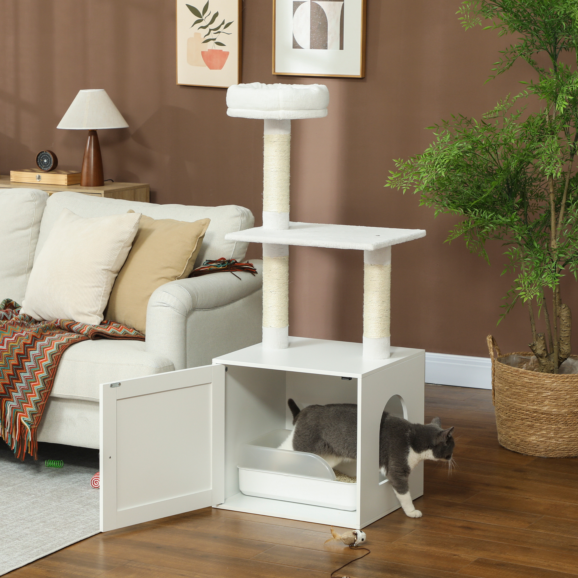 Árbol para Gatos con Encierro de Lecho, Postes de Rasguñar, Cama y Plataformas de Escalada para Gatos Domésticos, Blanco — imagen 4