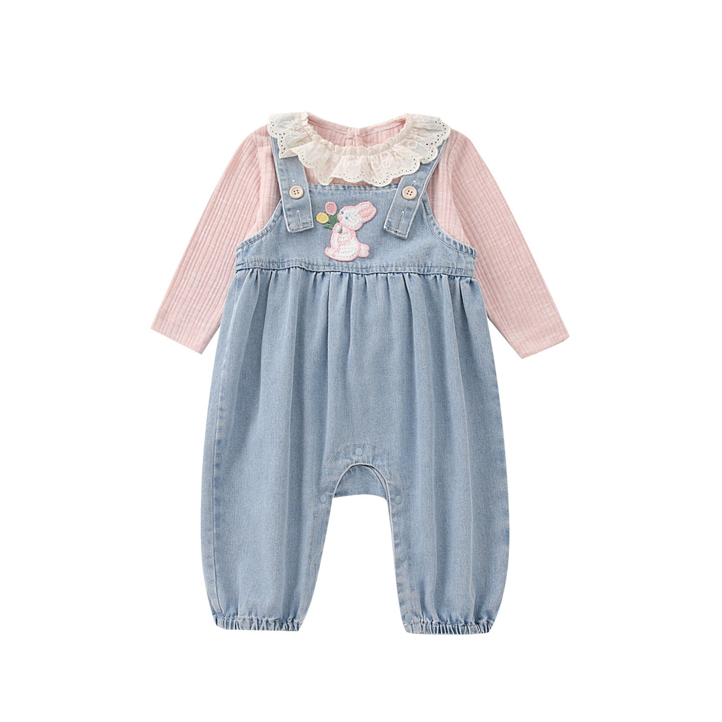 Rabbit Ears Overalls Set, Baby Girl Ruffled Shirt Bodysuit Two-Piece Outfit — image 6