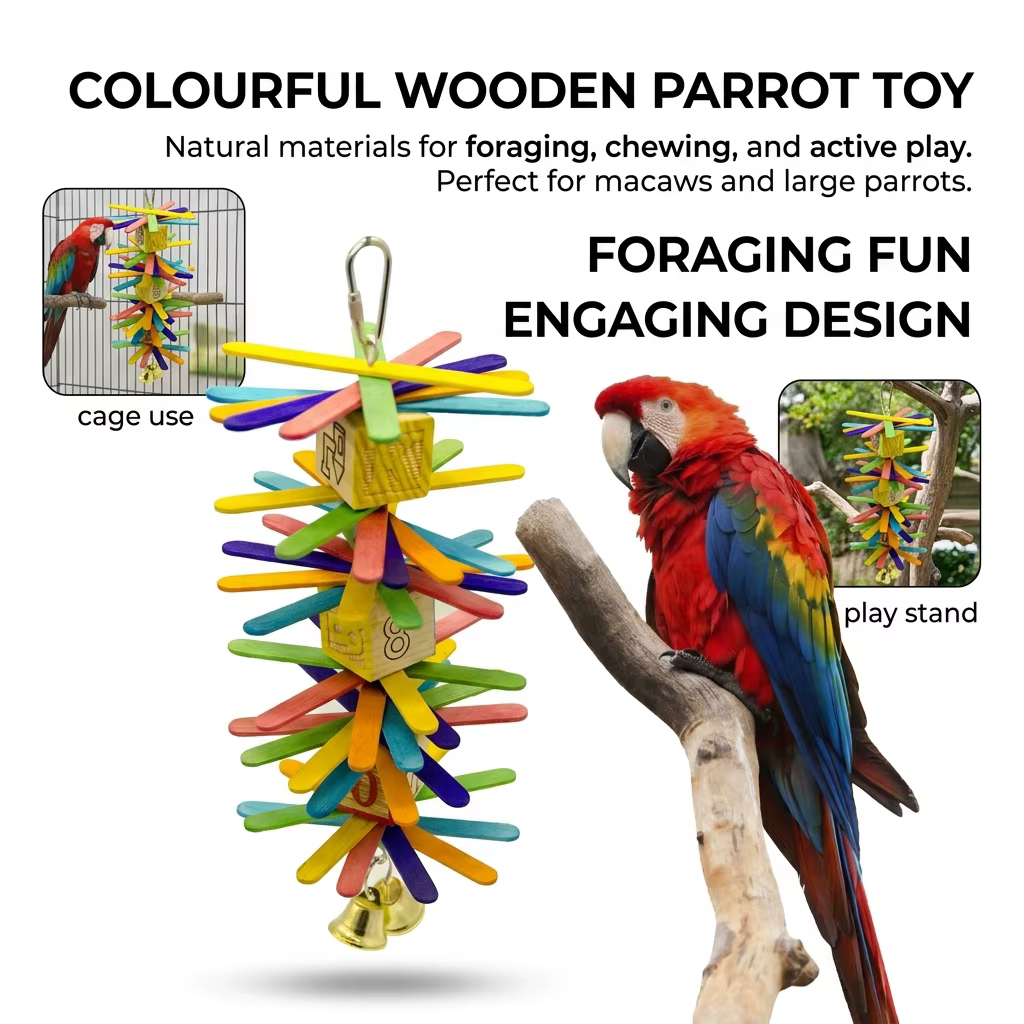 Juguete de Forraje para Pájaros Colorido con Letras y Pétalos, Bloque de Madera Dura con Cordón, Juguete Interactivo de Masticación y Desgaste de Pico para Periquitos y Cacatúas — imagen 6