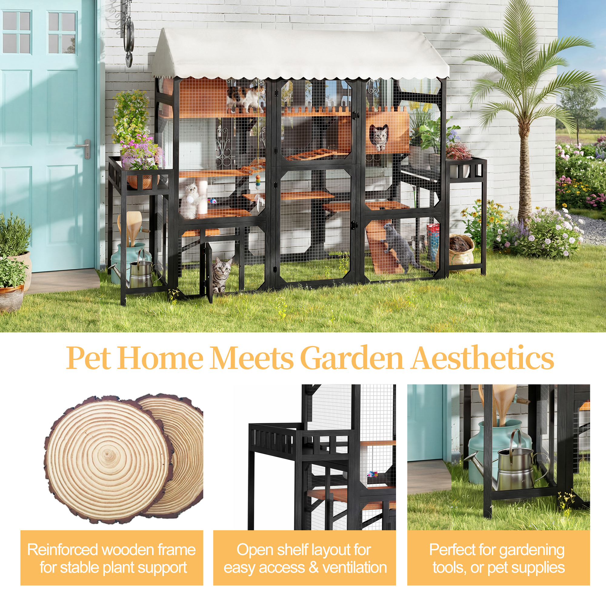 Cierre Exterior para Gatos Grande con 2 Soportes de Plantas, Jaula Multinivel para Gatos con Techo Resistente al Tiempo, Box de Descanso, Rampas de Escalada y Malla Metálica para Patio, Negro — imagen 3