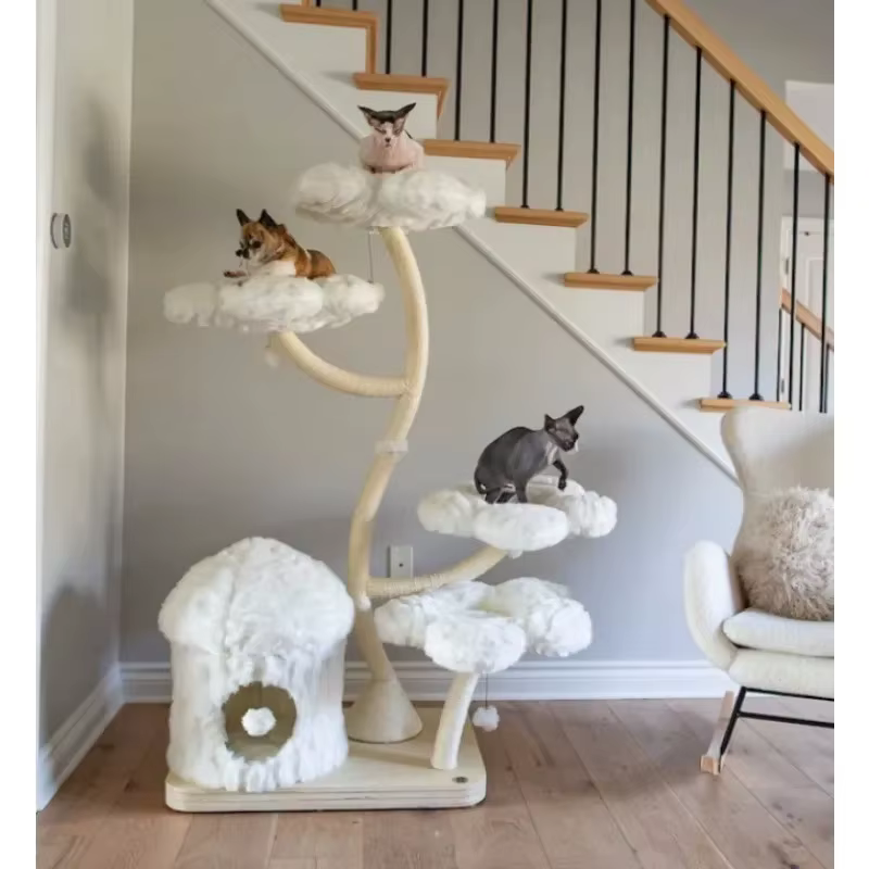 Árbol de gato moderno de madera con diseño floral, torre multi-plataforma y refugio acogedor, estructura de escalada lujosa para mascotas, poste de rascado — imagen 3
