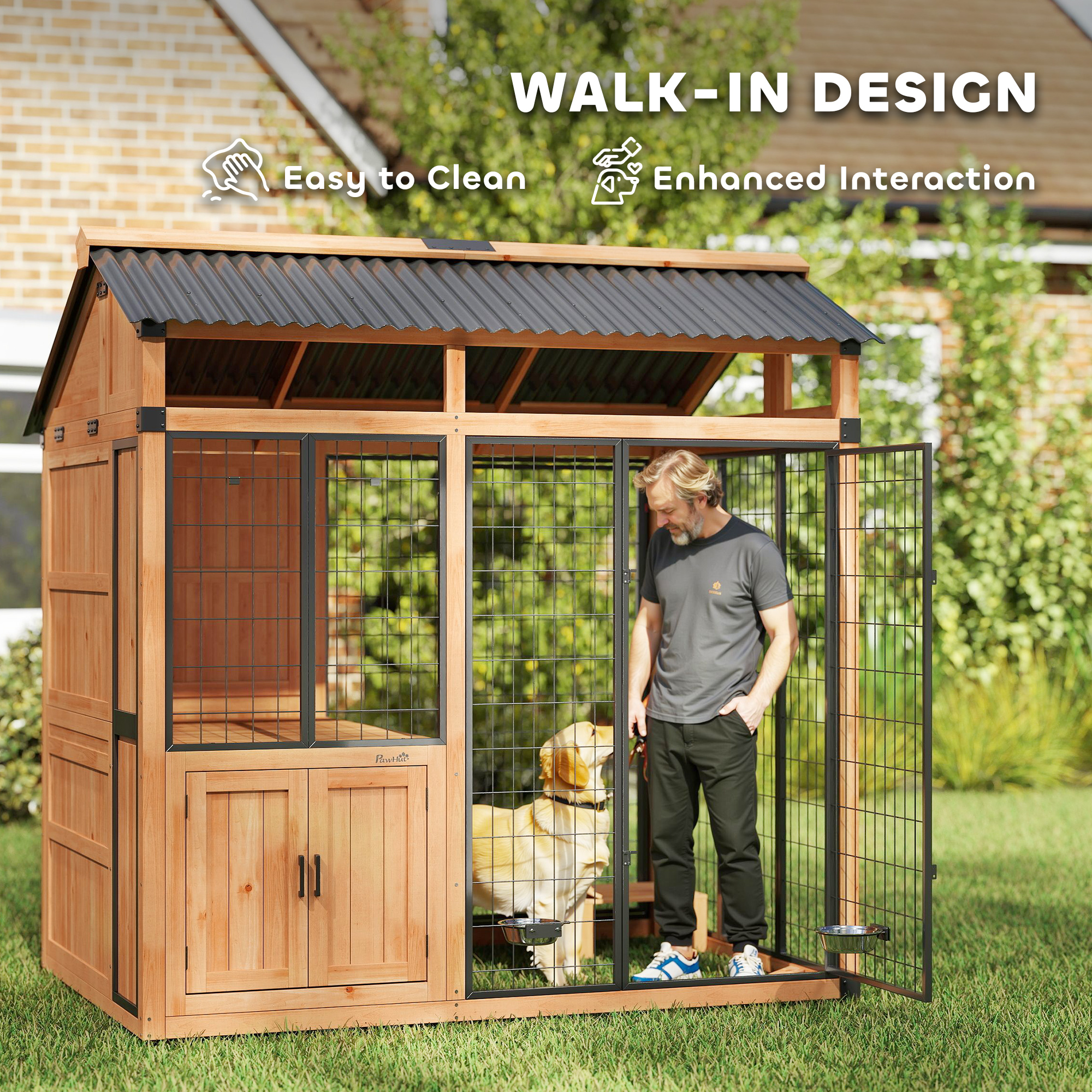 Casa para Perros Extra Grande de 7' x 5', Caseta de Madera para Exterior con Plataforma y Gabinete de Almacenamiento para Razas Grandes, Amarillo — imagen 2