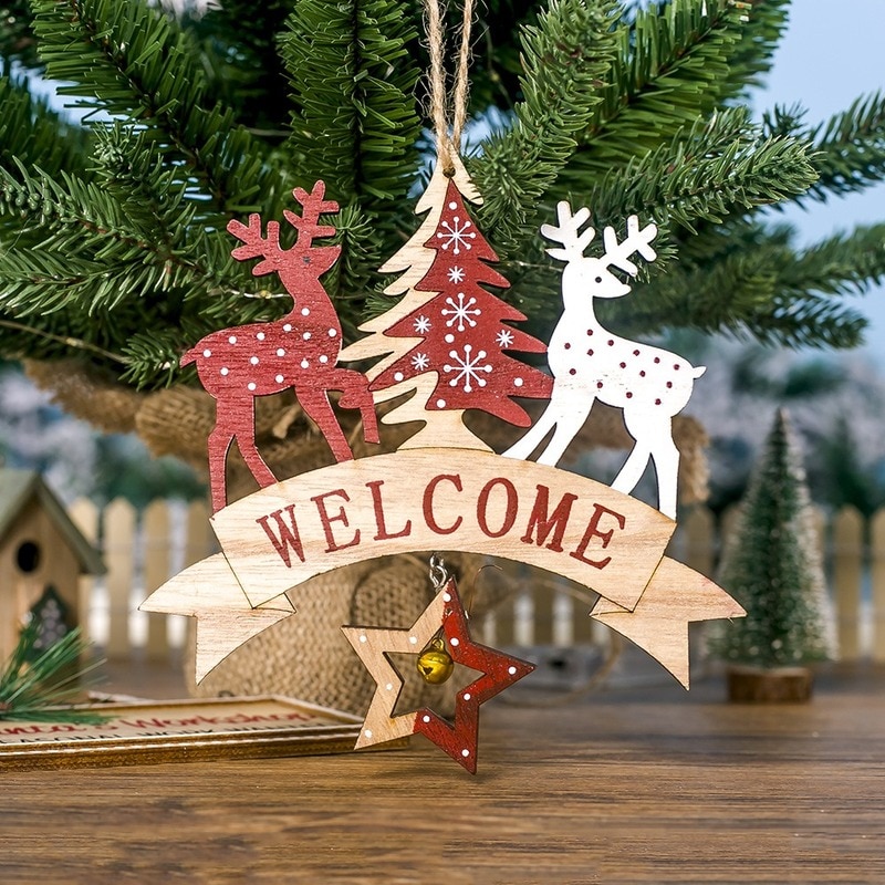 Decoraciones Navideñas de Madera Letras Impresas Árbol de Navidad Ciervo Pájaros Campanas Pendiente Decoración para Árboles Navideños — imagen 3