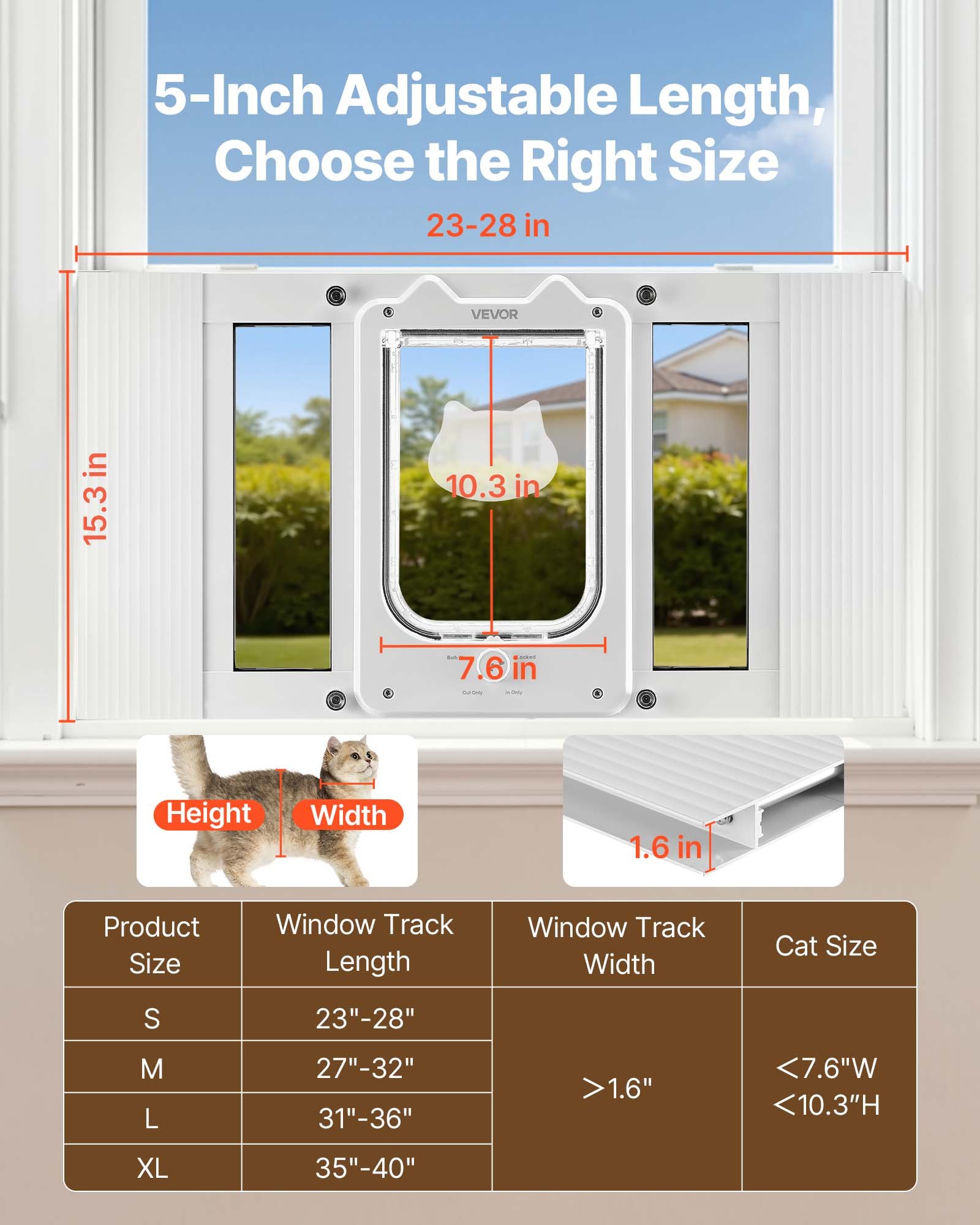 Puerta para Gatos en la Ventana, Ajustable 23"-28", 4 Modos de Bloqueo Seguros, Estructura de Aluminio y Vidrio de Alta Transparencia, Cierre Magnético, Puerta Rápida para Perros que Resiste el Clima, Blanco — imagen 3